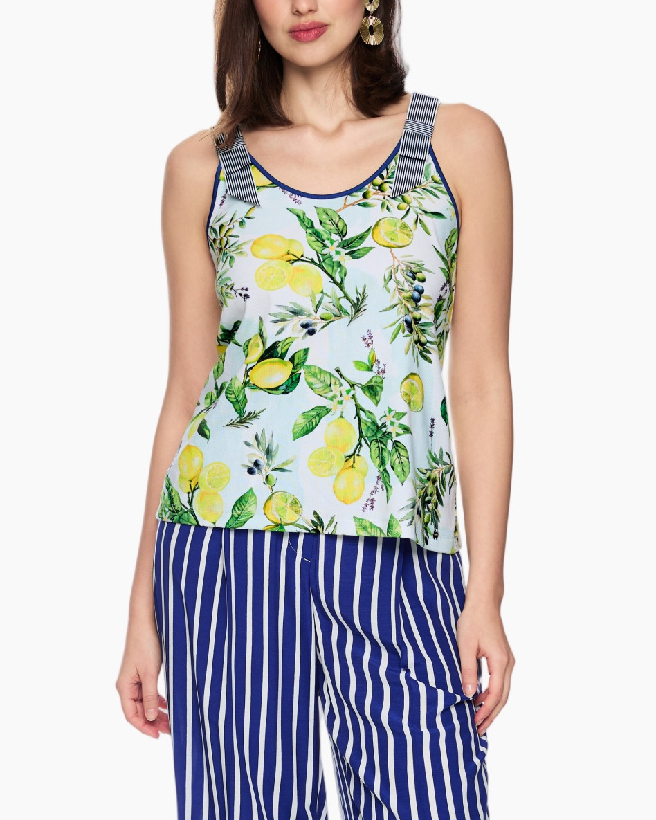 tank top, lemon print, floral print, strap detail, striped pants