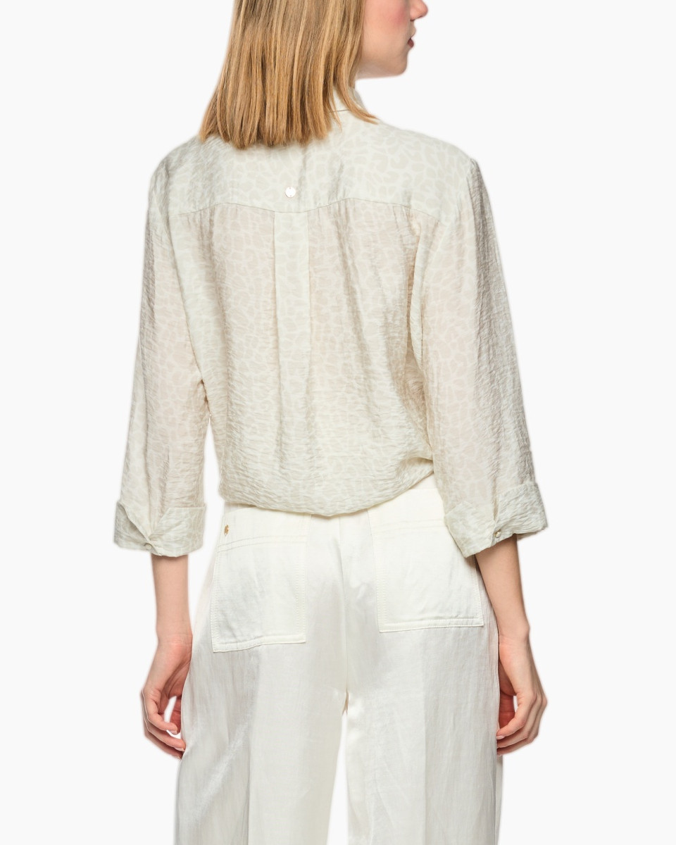 blouse, kraag, mouw-lang, ceintuur-knoop, beige patroon