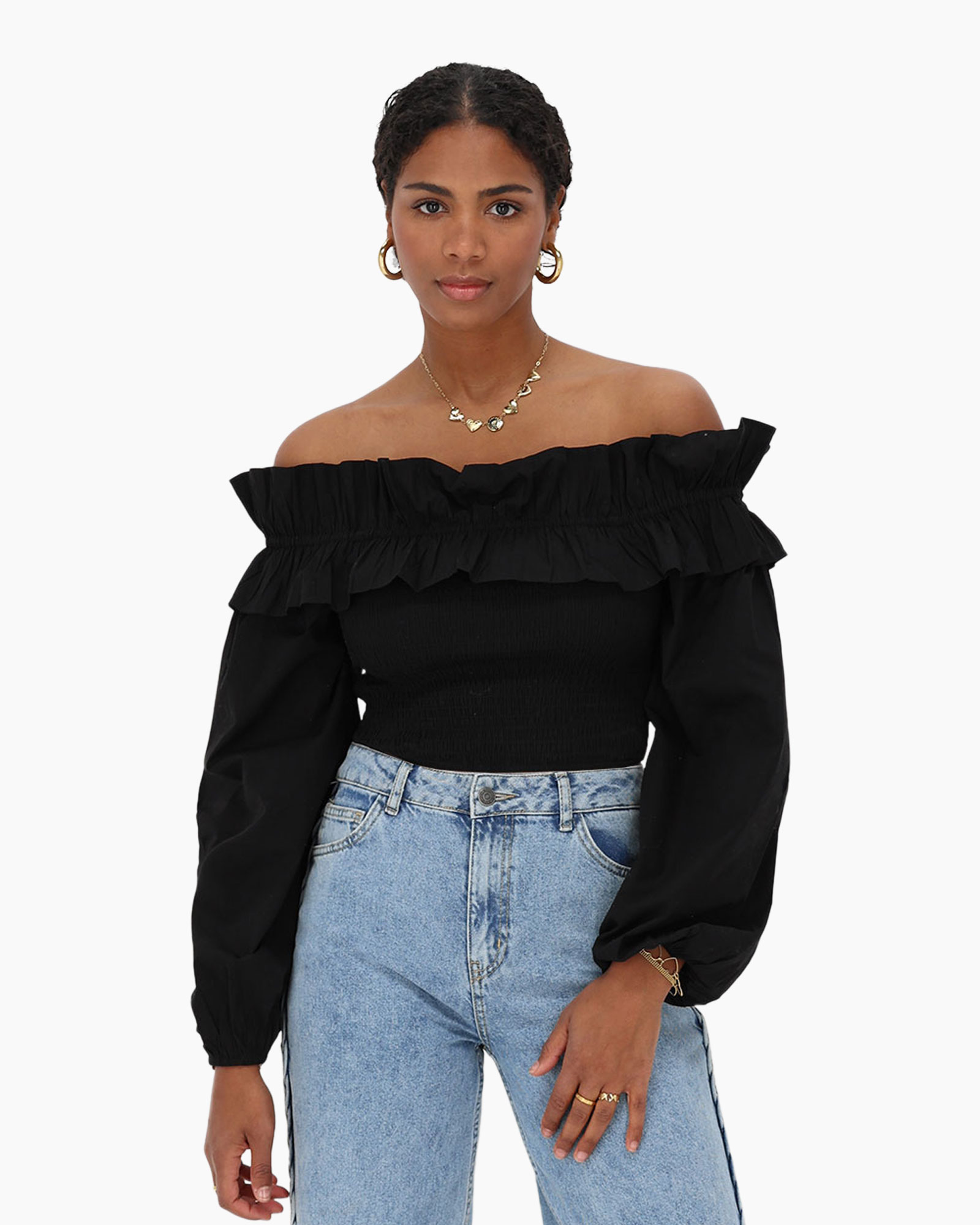 Top Longsleeve Top With Smock And Ruffl Zwart