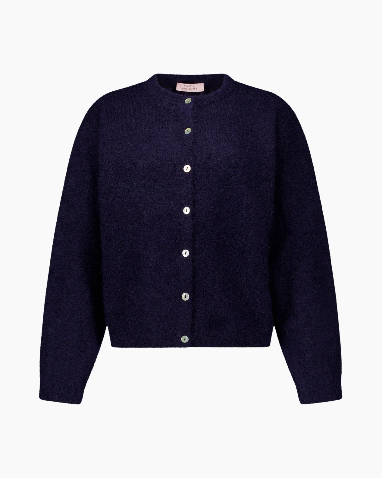 cardigan, breipull, marineblauw, knopen, langemouwer