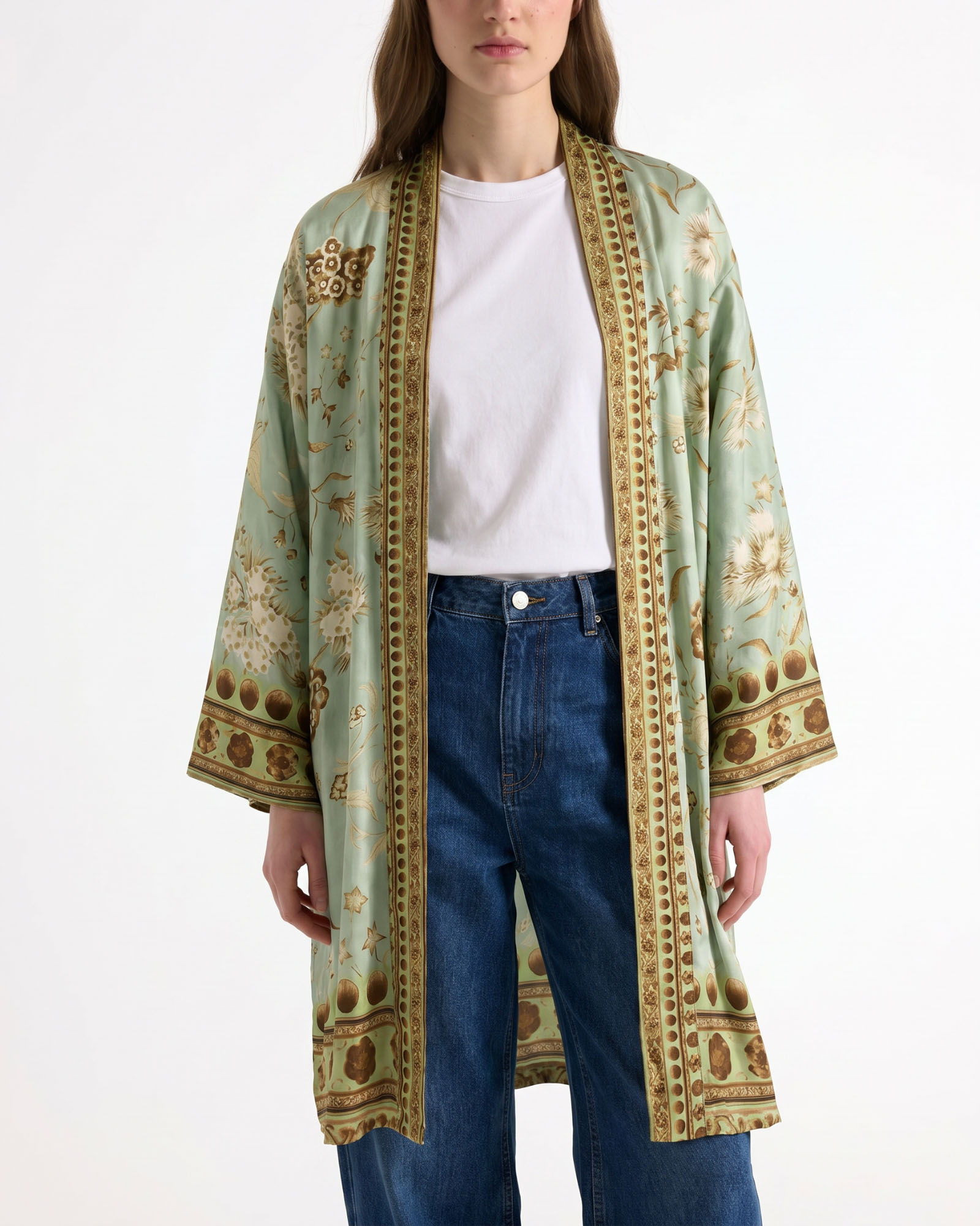 kimono, zijden-achtig, mintgroen, bloemenpatroon, open vest