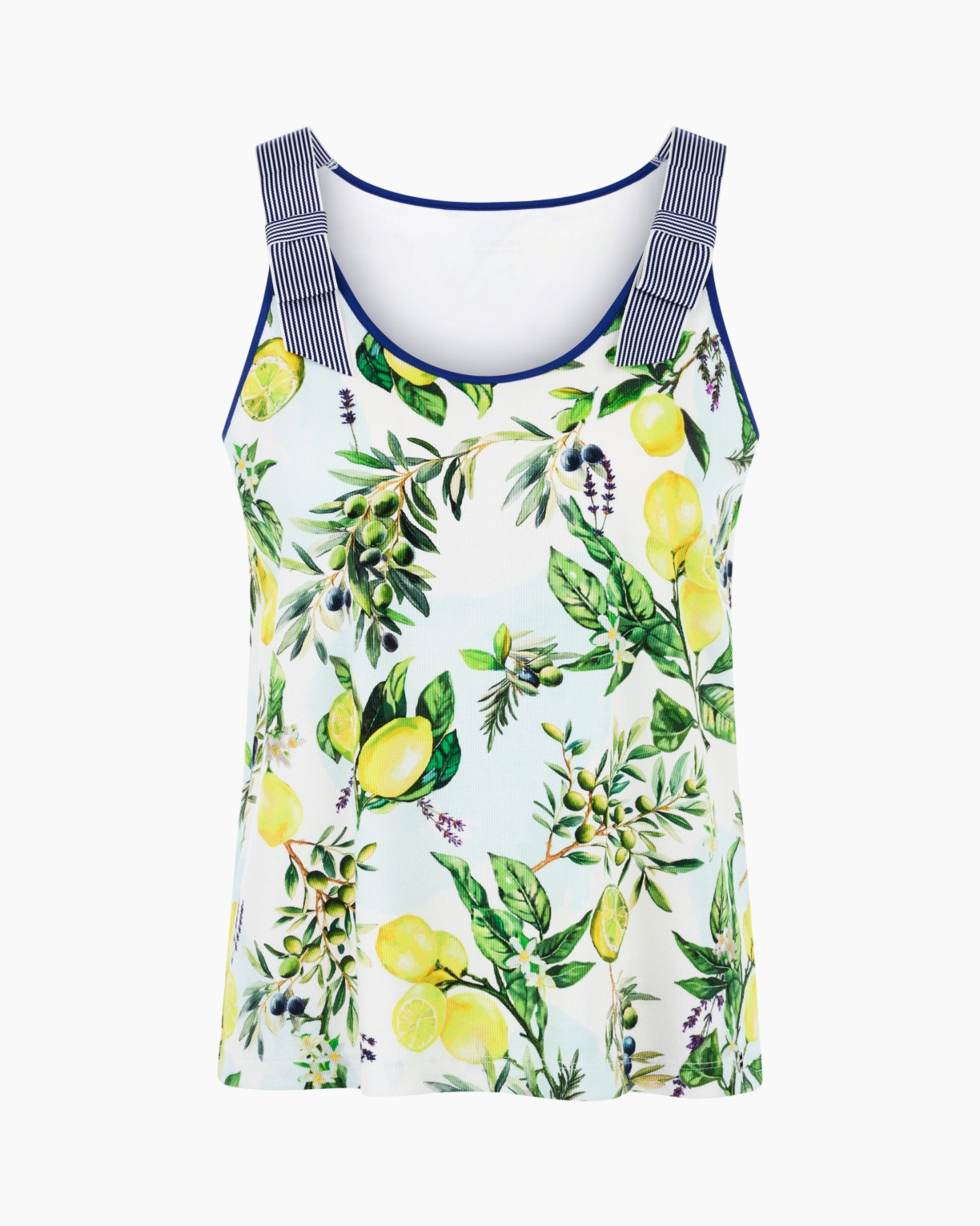 tank top, sleeveless, fruit print, lemon pattern, striped straps