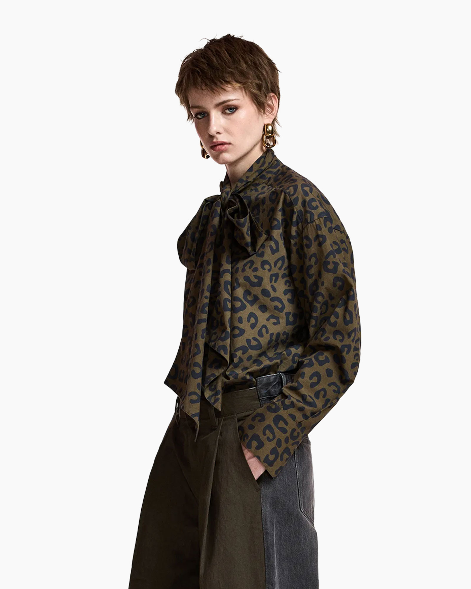 leeuwardige print, blouse, lange mouw, kraagsluiting, aardetint
