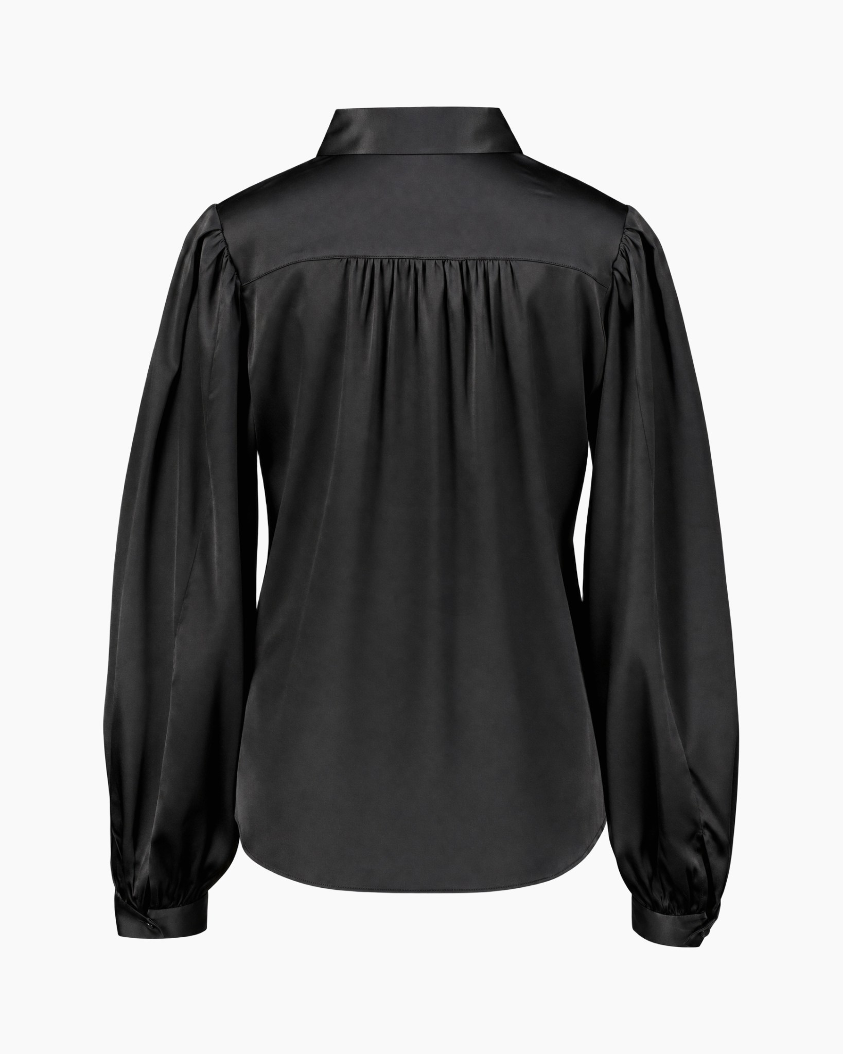blouse, knopjes, pofmouwen, zwart, satijnachtig