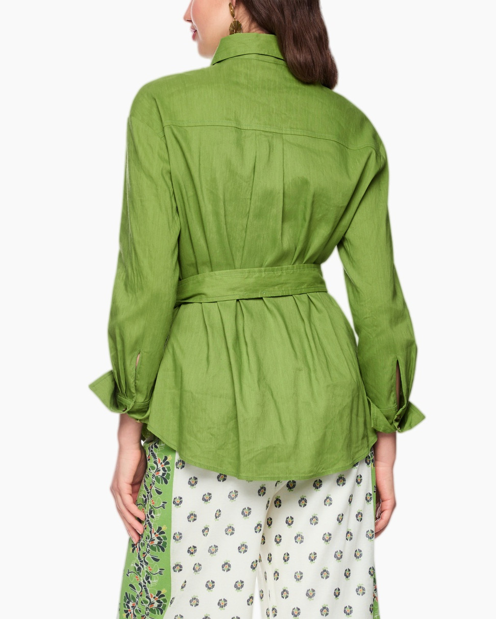 green shirt, long sleeves, waist belt, pocket flaps, collared shirt