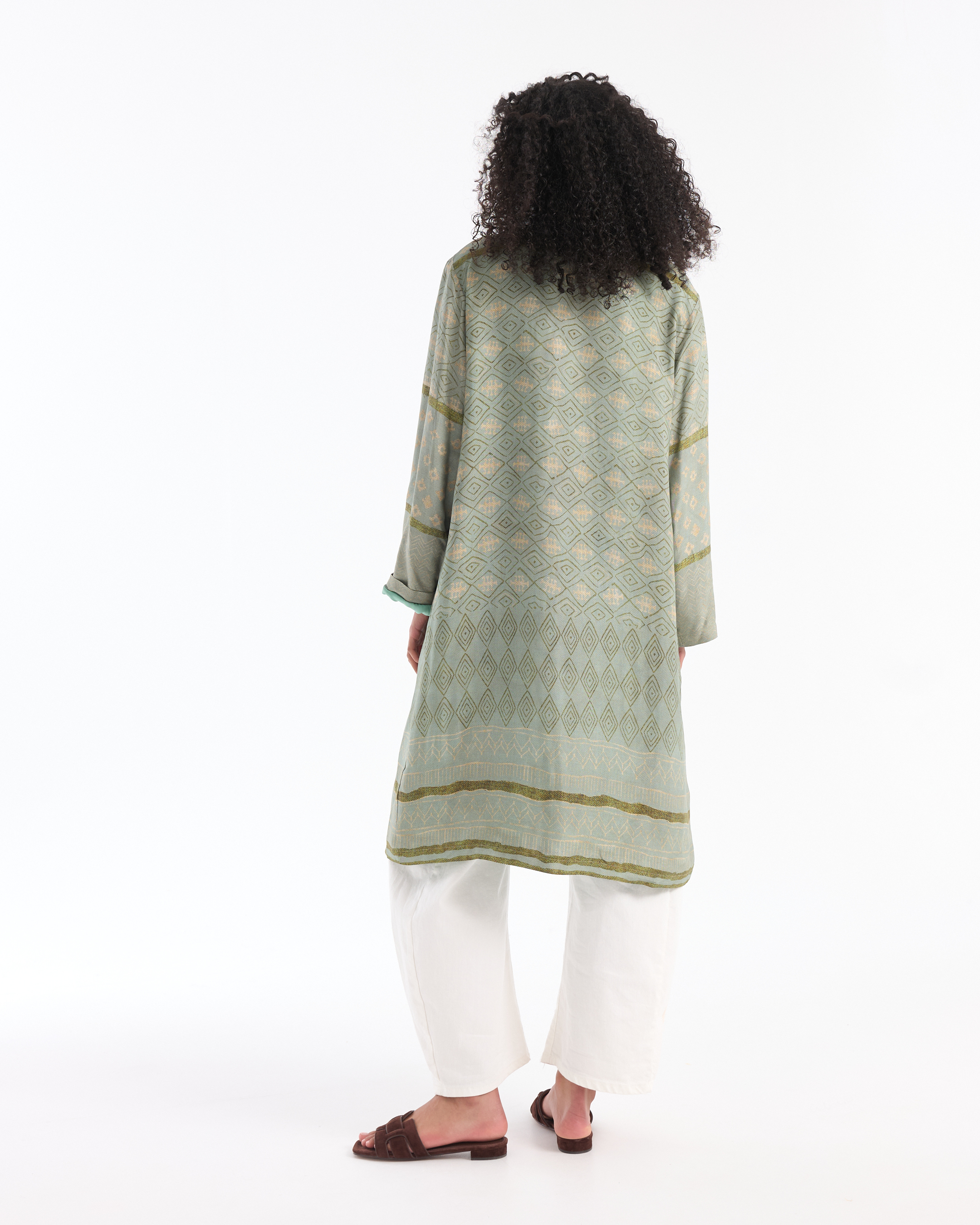 kimono, lange vest, groen, patroon, riem