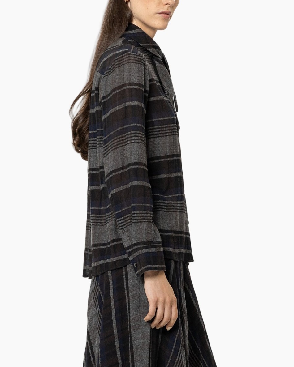 ruitpatroon, blouse, lange mouwen, geweven, grijs/blauw