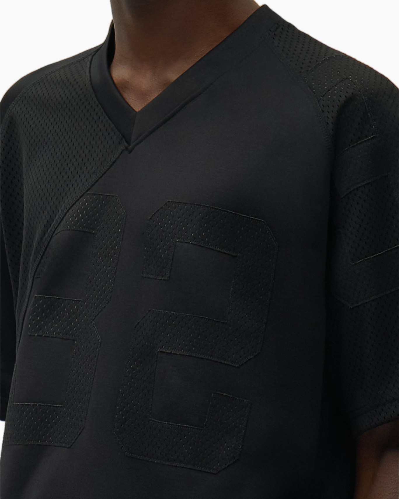 black, jersey, mesh, graphic-number, V-neck
