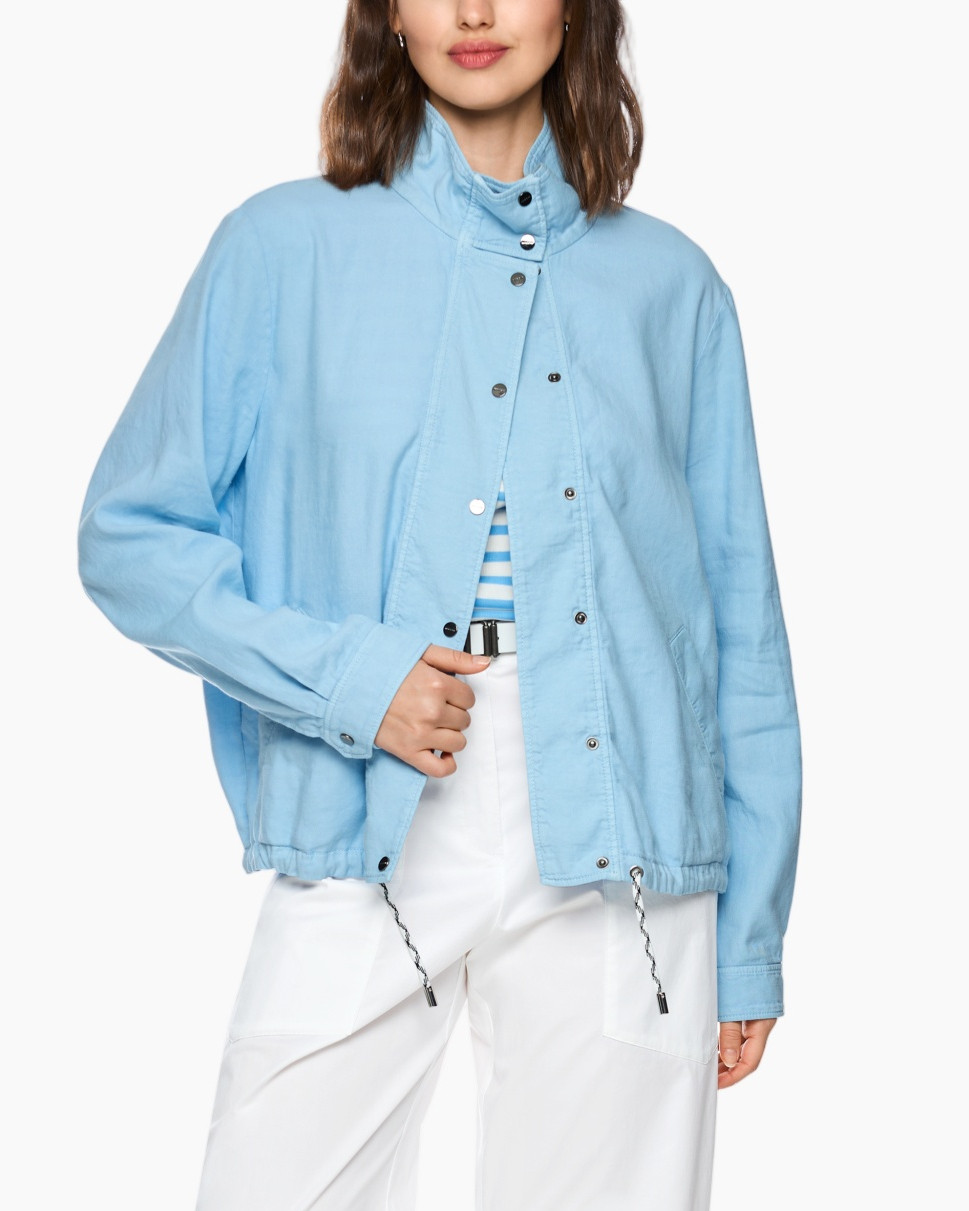 light-blue jacket, windbreaker, snap-button front, drawstring hem, white pants