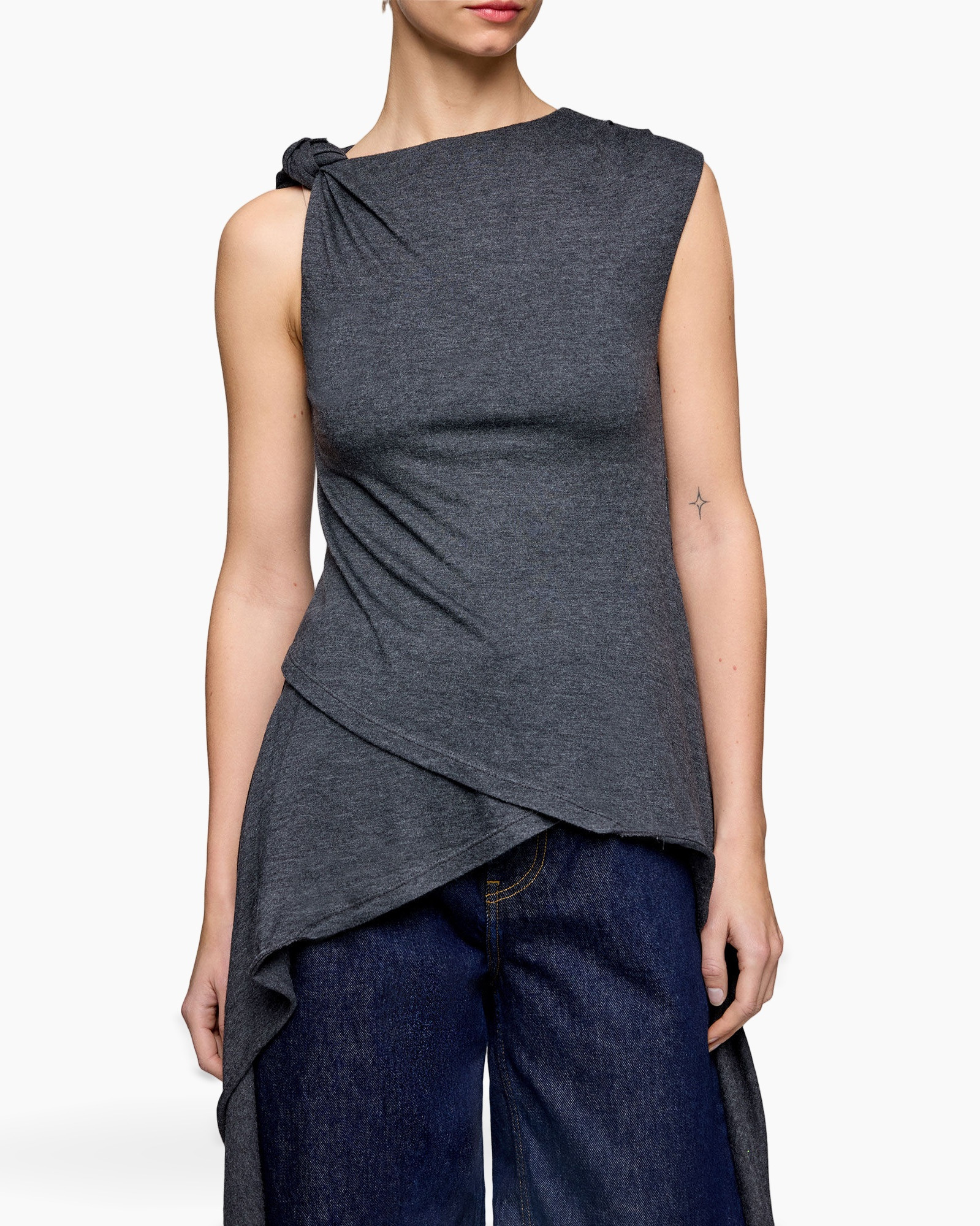 top, geknoopt, mouwloos, grijs, wrap