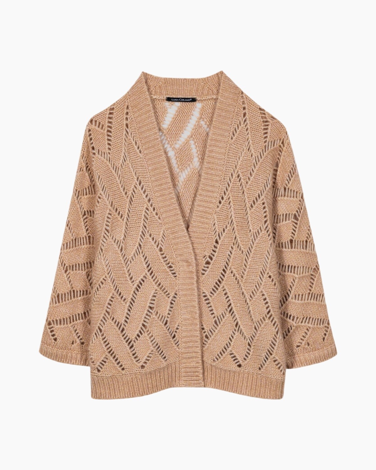 cardigan, gebreid, beige, openwork, lossere pasvorm