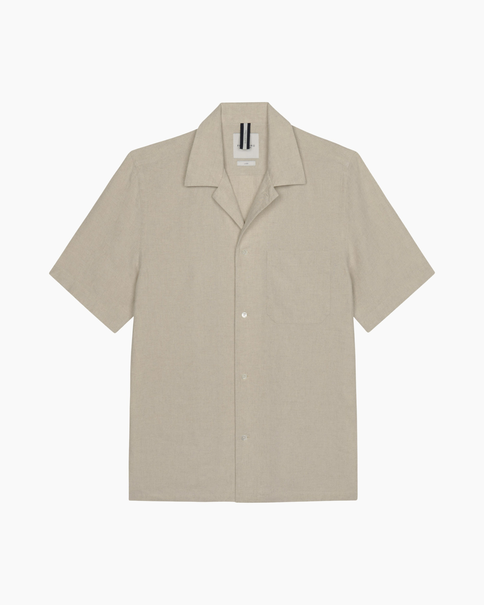 short-sleeve, button-down, beige, linen-like, pocket