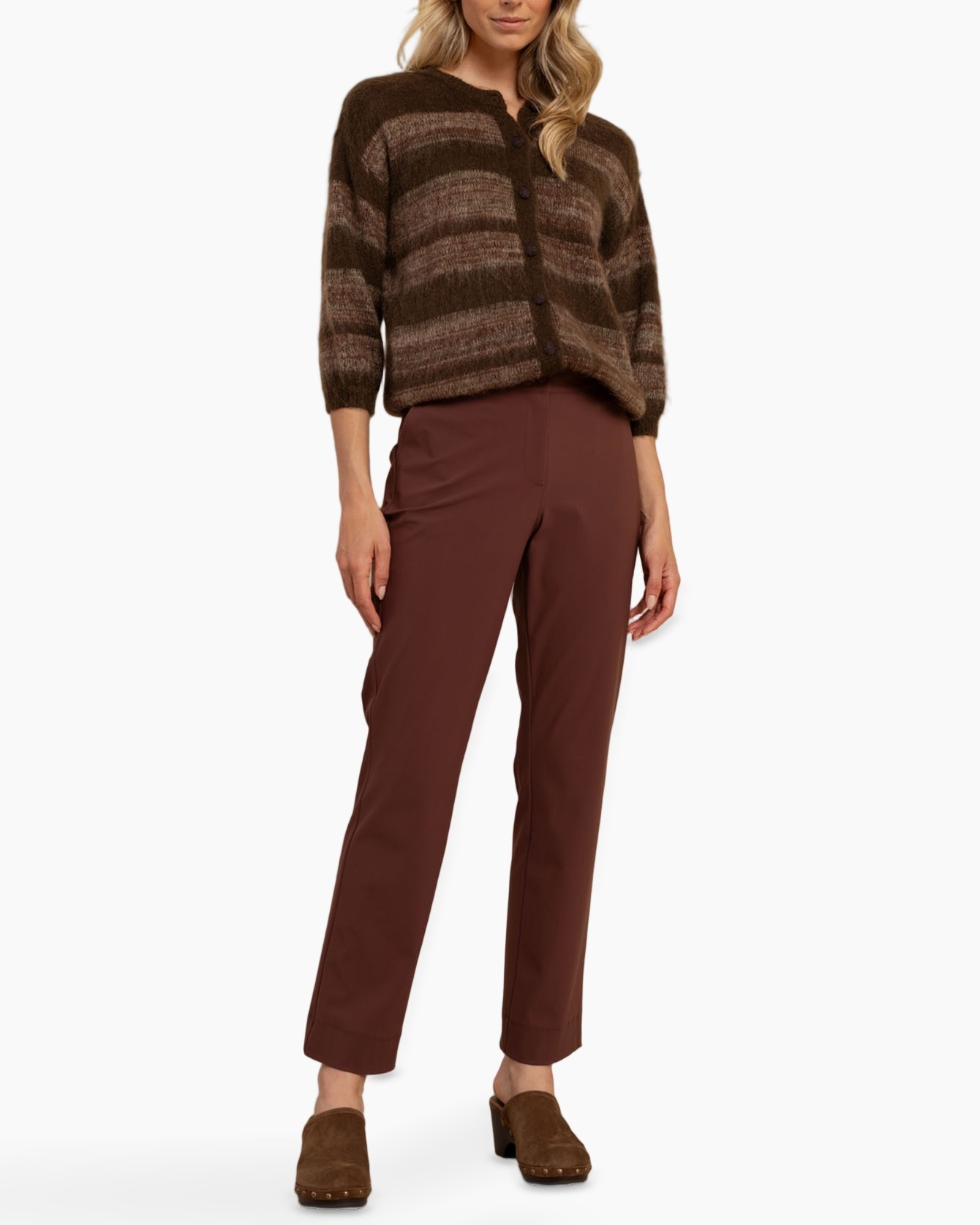 cardigan, gestreept, bruin, gebreid, knopen
