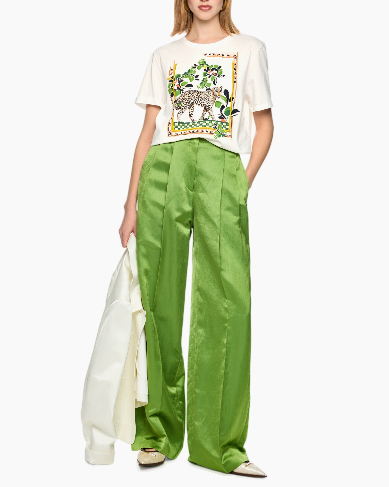 T-shirt, grafische opdruk, jungle, leopard, wit