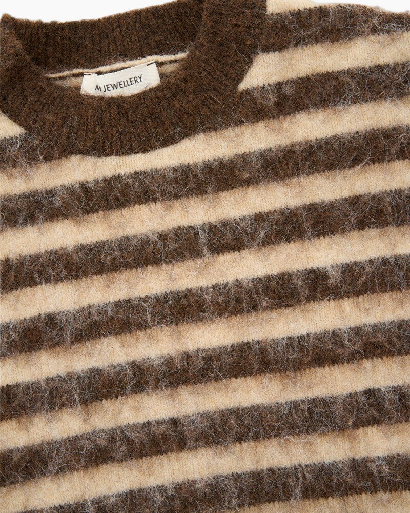 geverfde strepen, bruin-beige, brei textuur, rond hals, loungewear