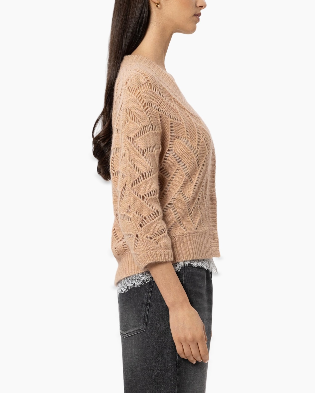 cardigan, breipatroon, beige, V-hals, kante stof