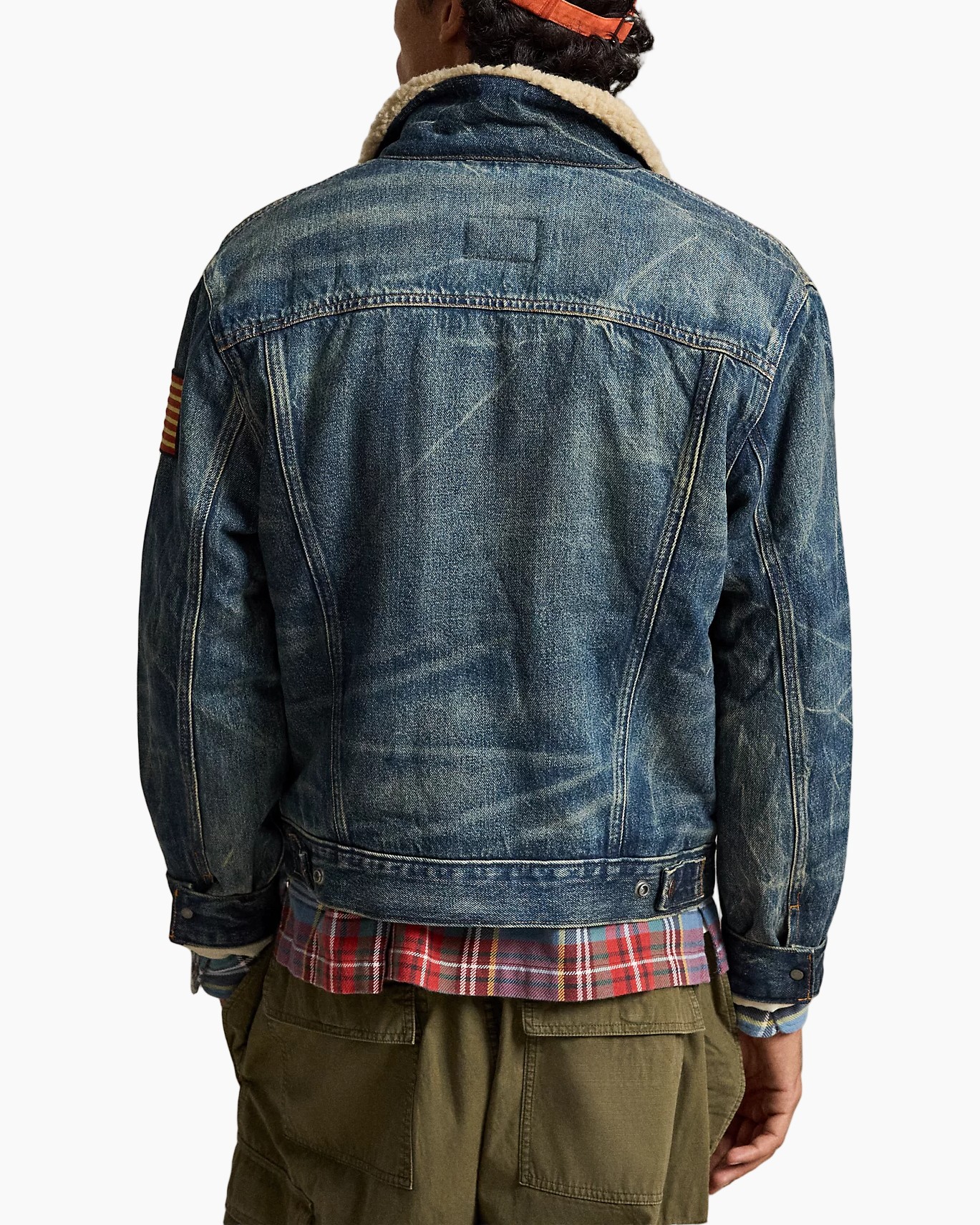 spijkerjack, bont leren jack?, shearling, plaid laag, vlag patch
