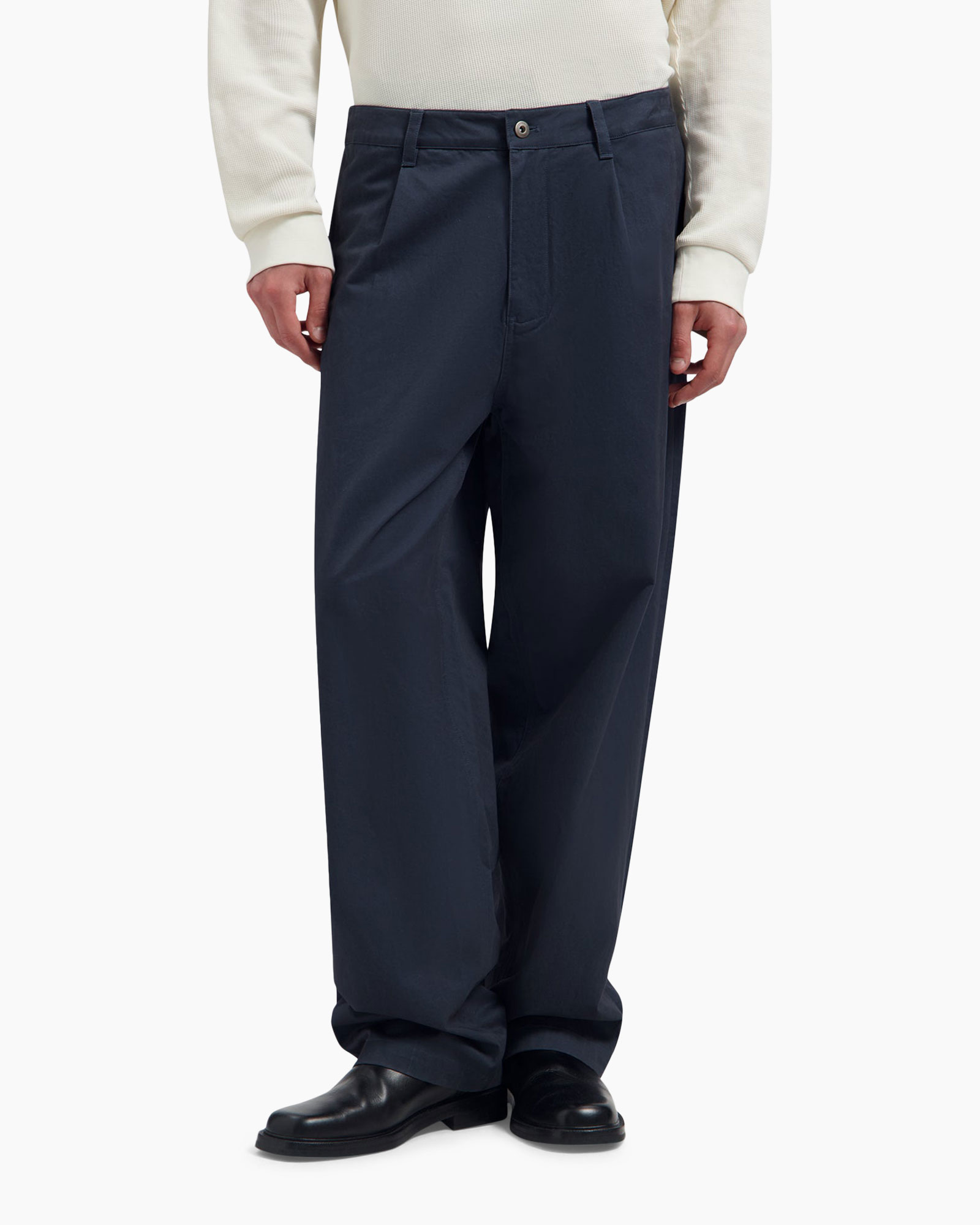 broek, rekragend-wijde, marineblauw, voorzijde-rits, riemlussen