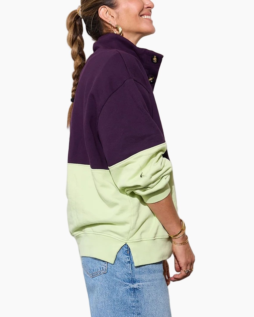Sweater met kleurvlakken, Knoopsluiting, Hoge kraag, Lange mouwen, Paars en limoengroen