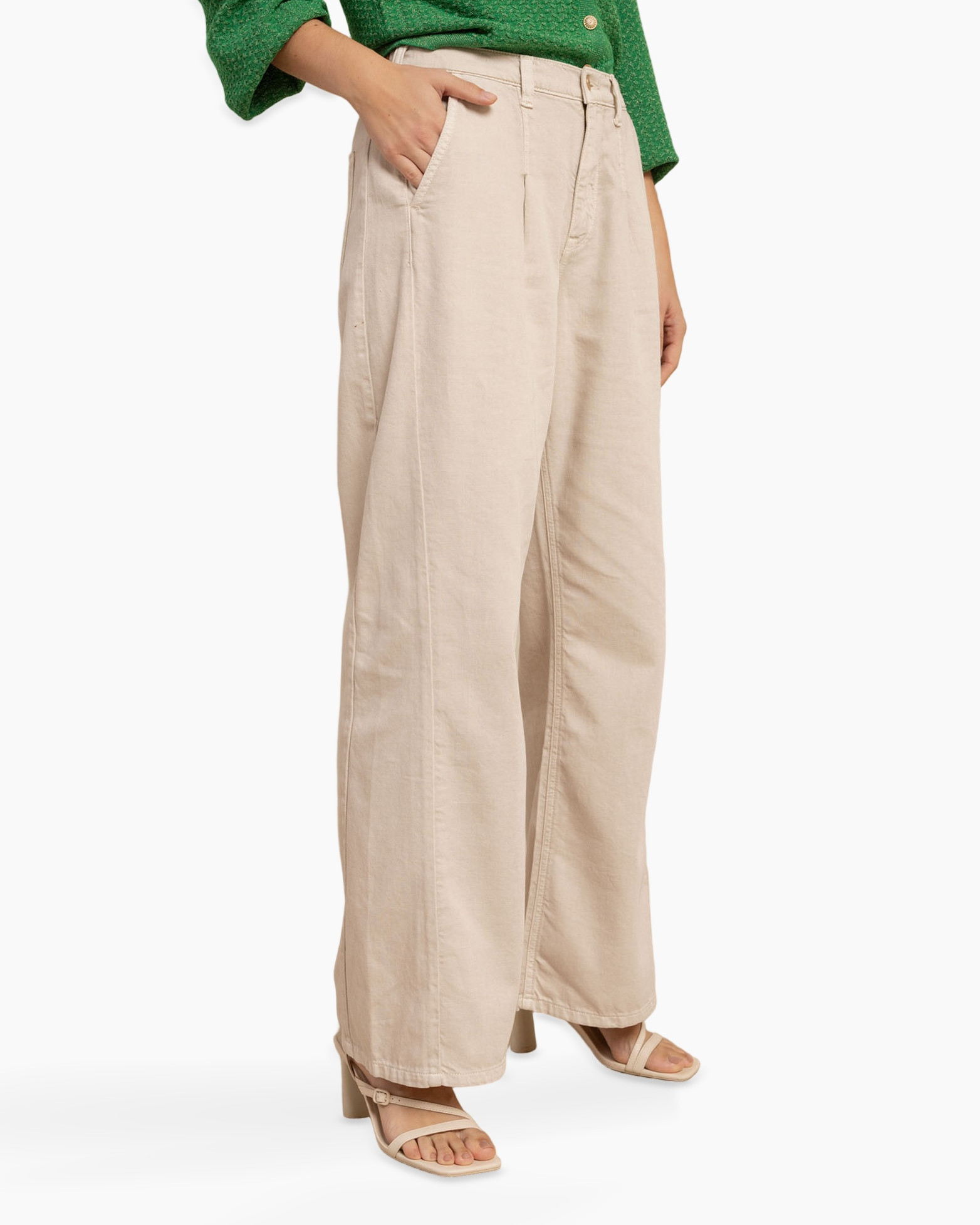 beige broek, wijd uitlopend, hoge taille, zakken, enkellengte