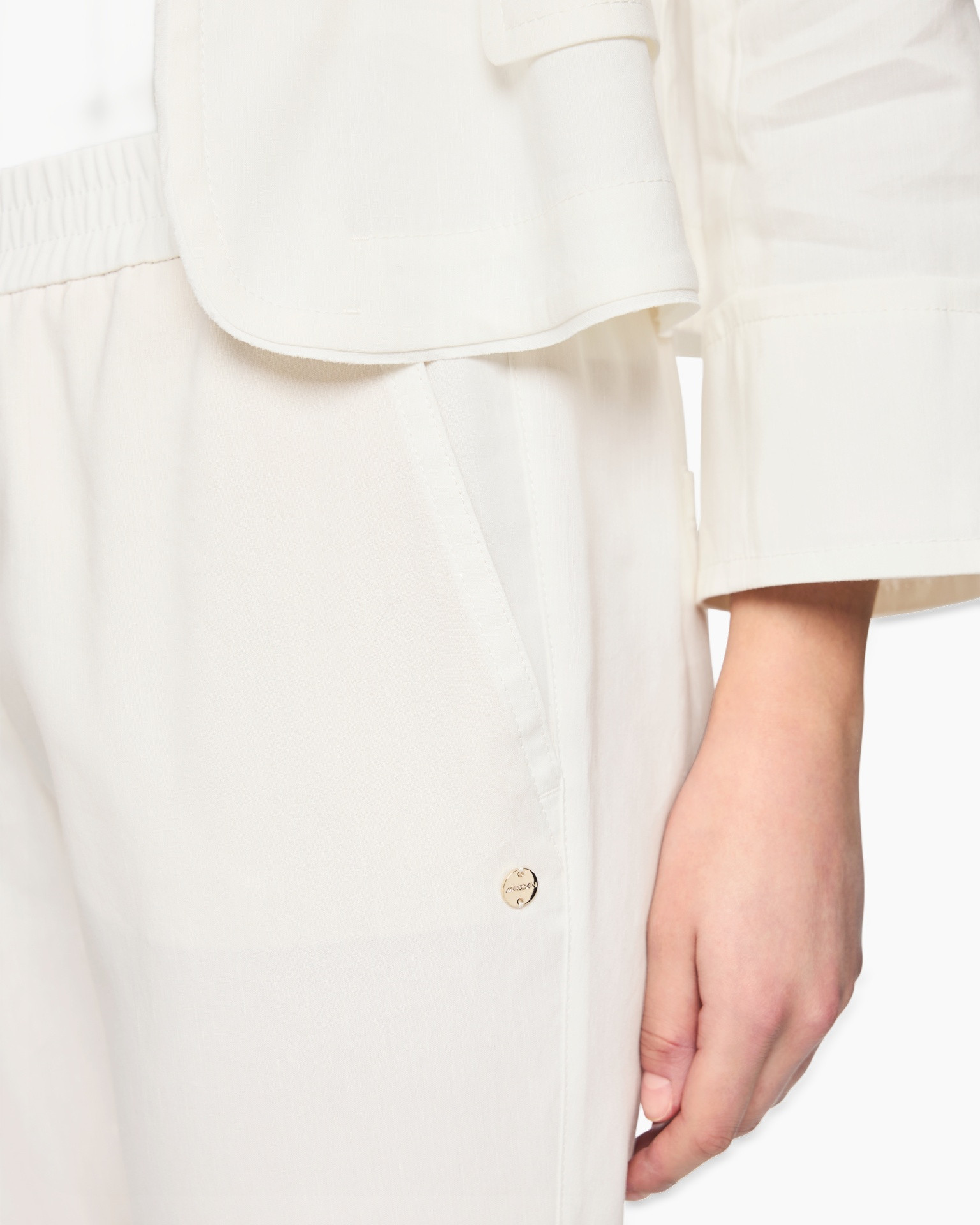 wit, broek, zak, knop, linnen, twill, korte