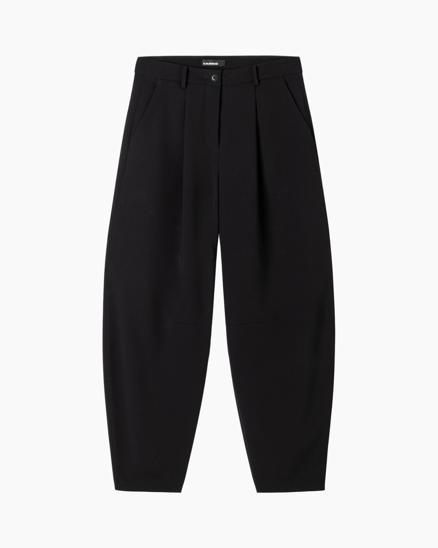 zwarte broek, wijde pijpen, plooien voor, zijzakken