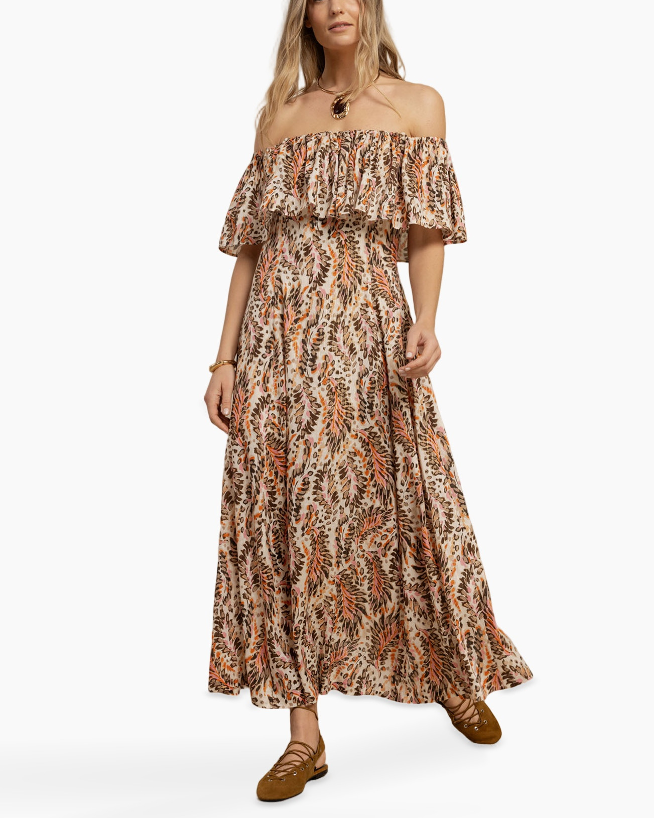 off-the-shoulder, maxi-jurk, bloemenpatroon, boa-ruffle, bruin-bloem