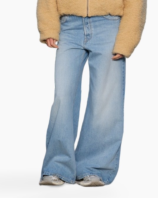 wijd broek, lichtblauw, denim, spijkerbroek, uitlopende zits
