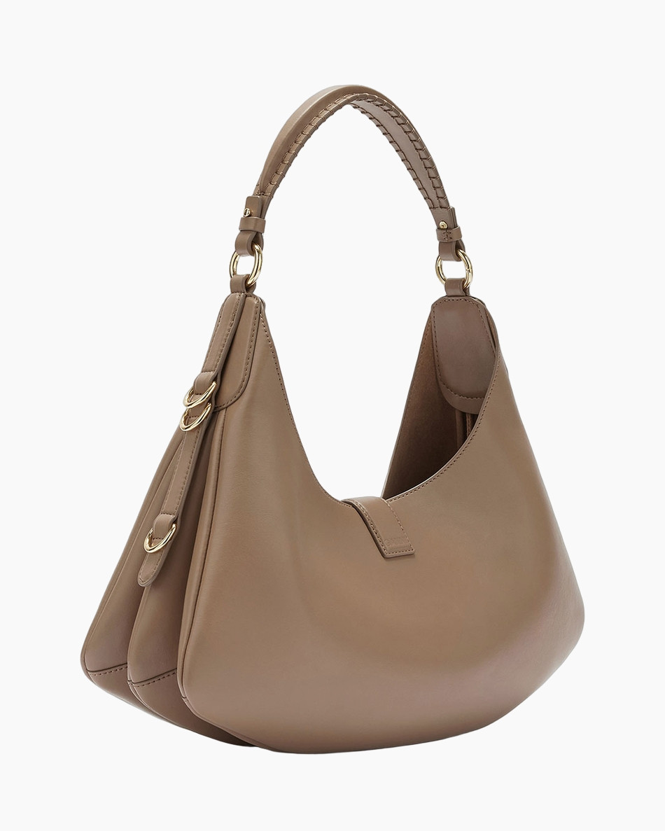 handbag, shoulder bag, brown, tan, gold clasp