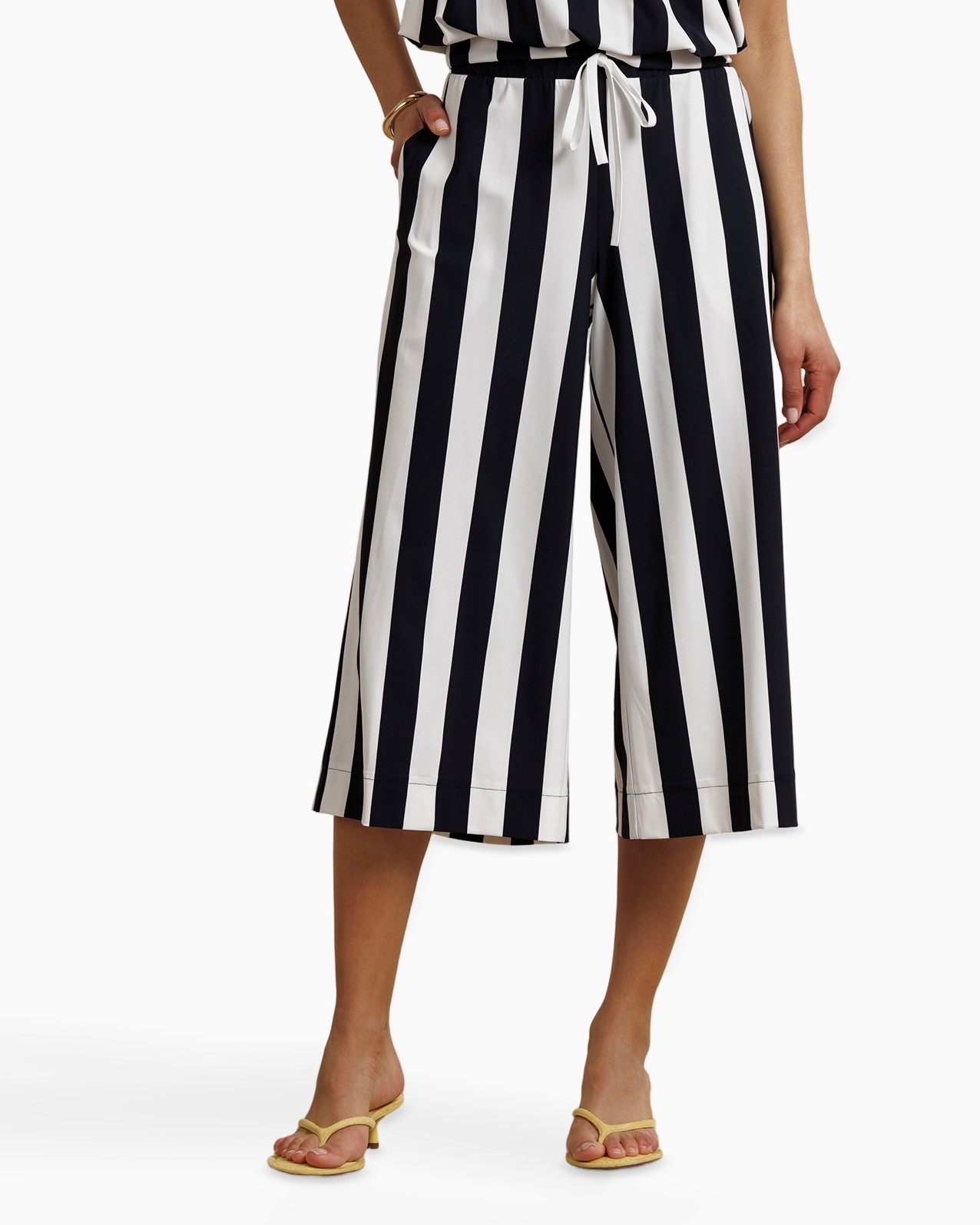 stribet, broek, wijdlopende, culotte, middenlengte
