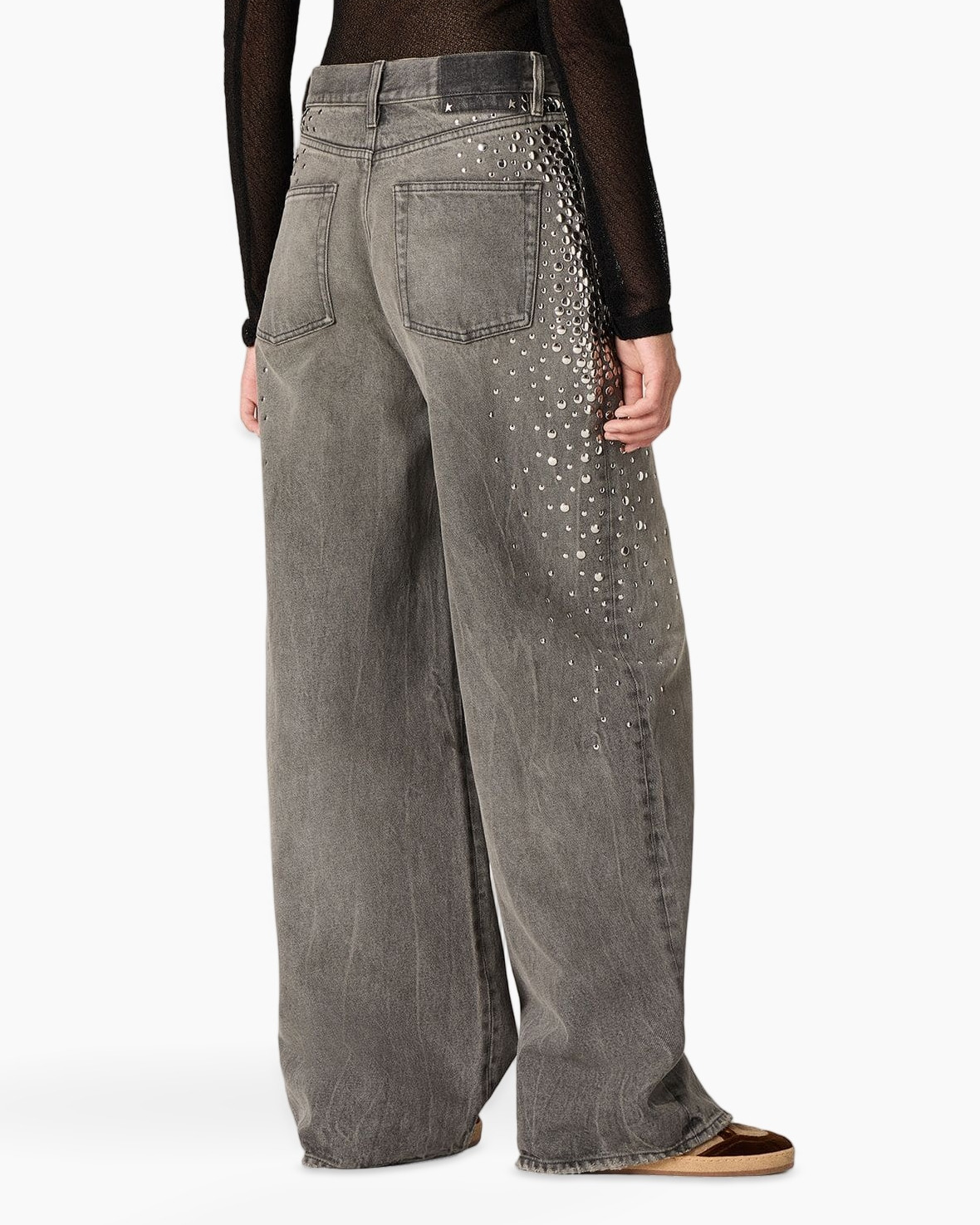 wide-leg, gray jeans, studded, sparkle, denim pants