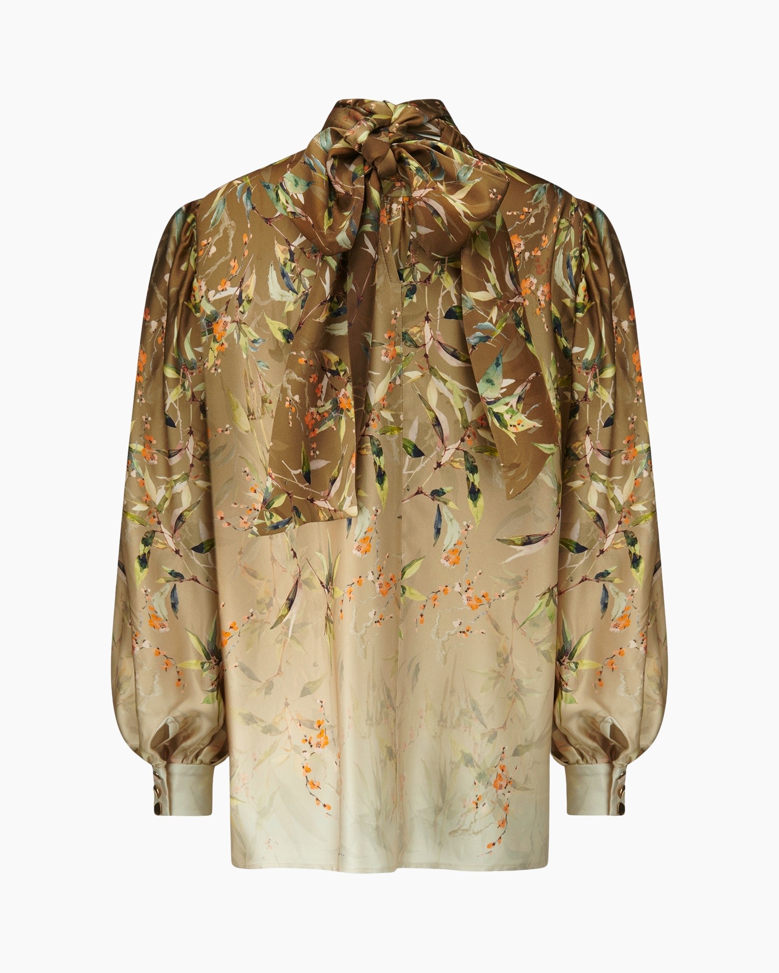 blouse, lange mouwen, bloemenprint, knoopsluiting met strik, zijde satijn