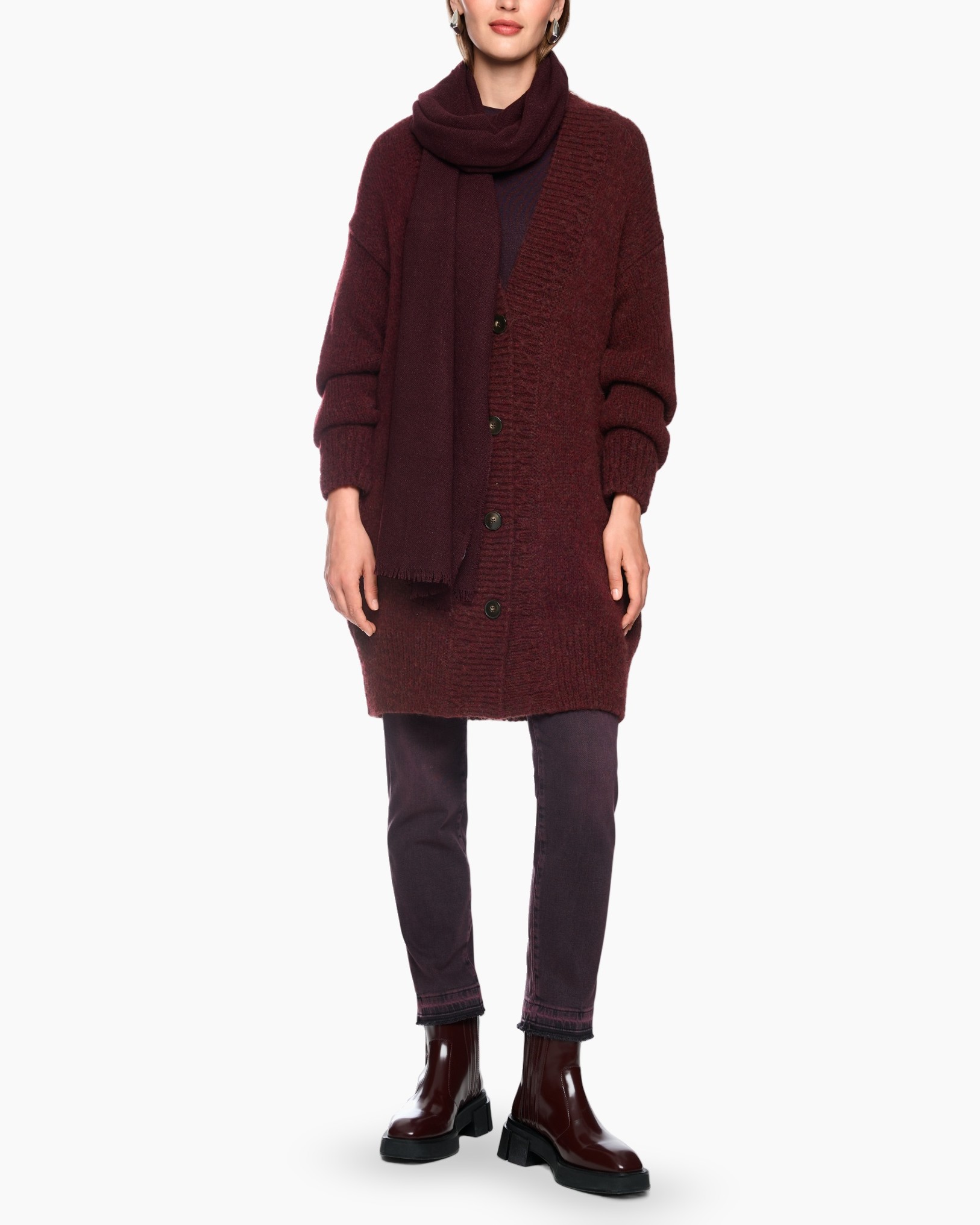 cardigan, lange cardigan, knopjes cardigan, burgund, sjaal