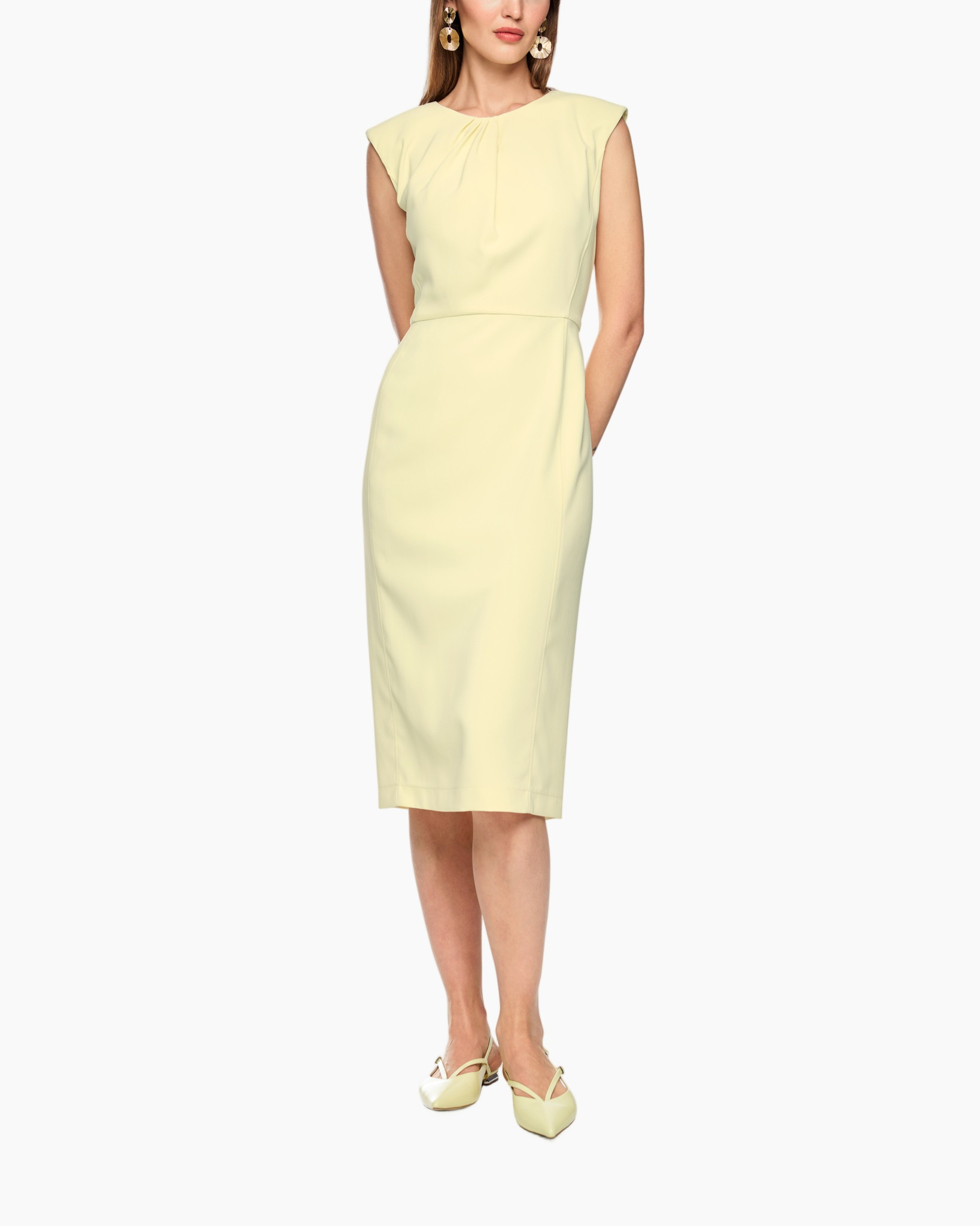 dress, pencil dress, knee-length, sleeveless, light yellow