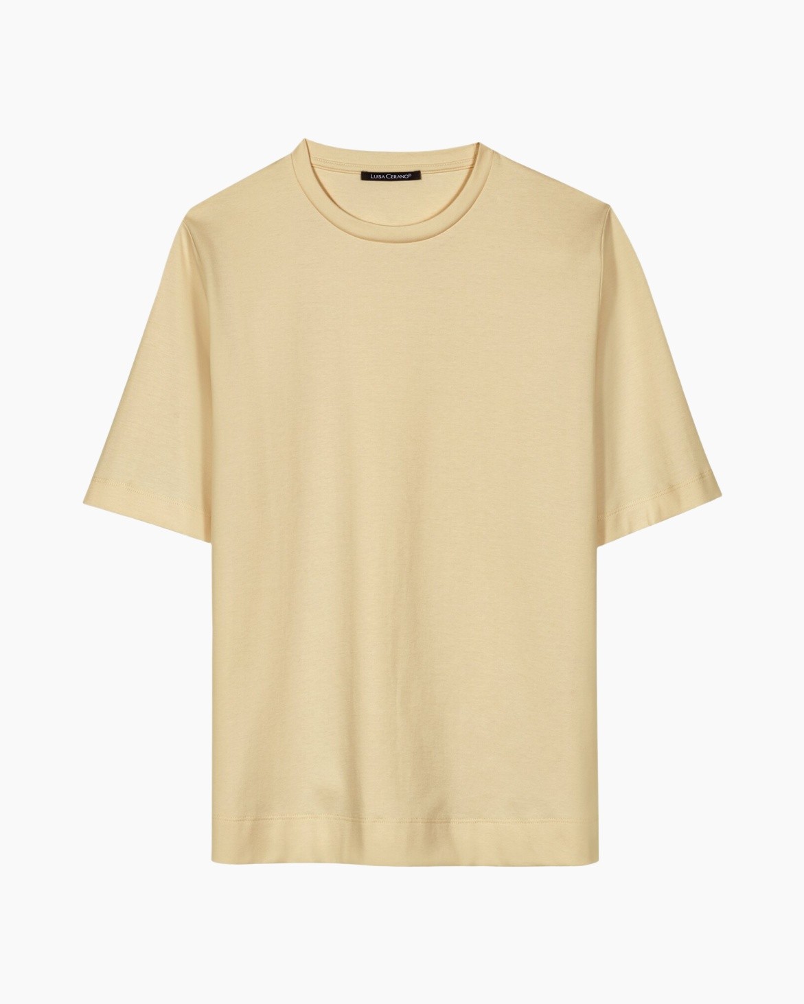 t-shirt, beige, korte mouw, kraagloze ronde hals, katoen