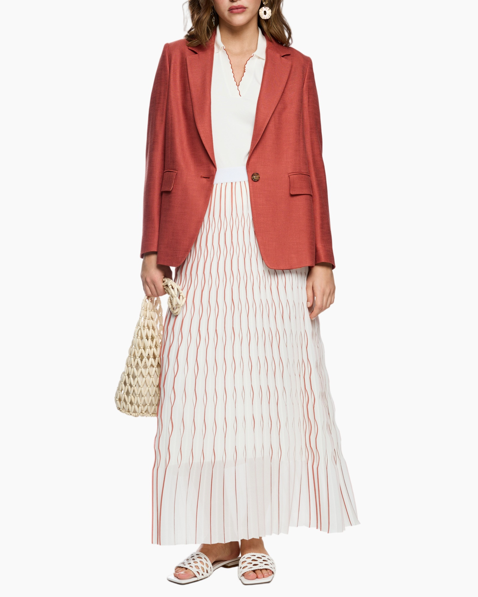 blazer, jacket, coral, long skirt, pleated skirt