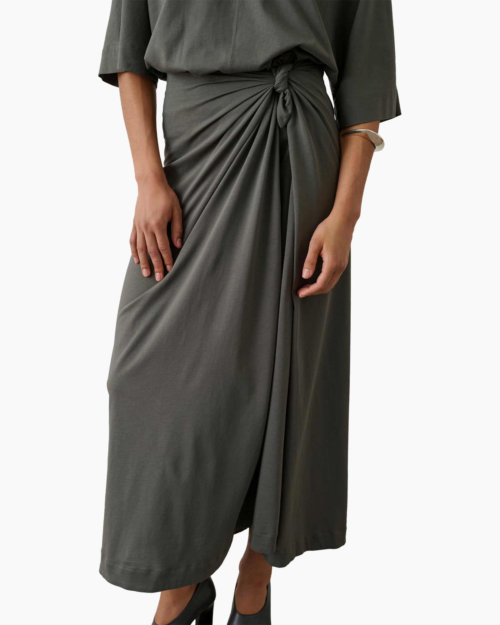 wrap-skirt, knot-detail, mid-length, slightly-fluid, dark-olive
