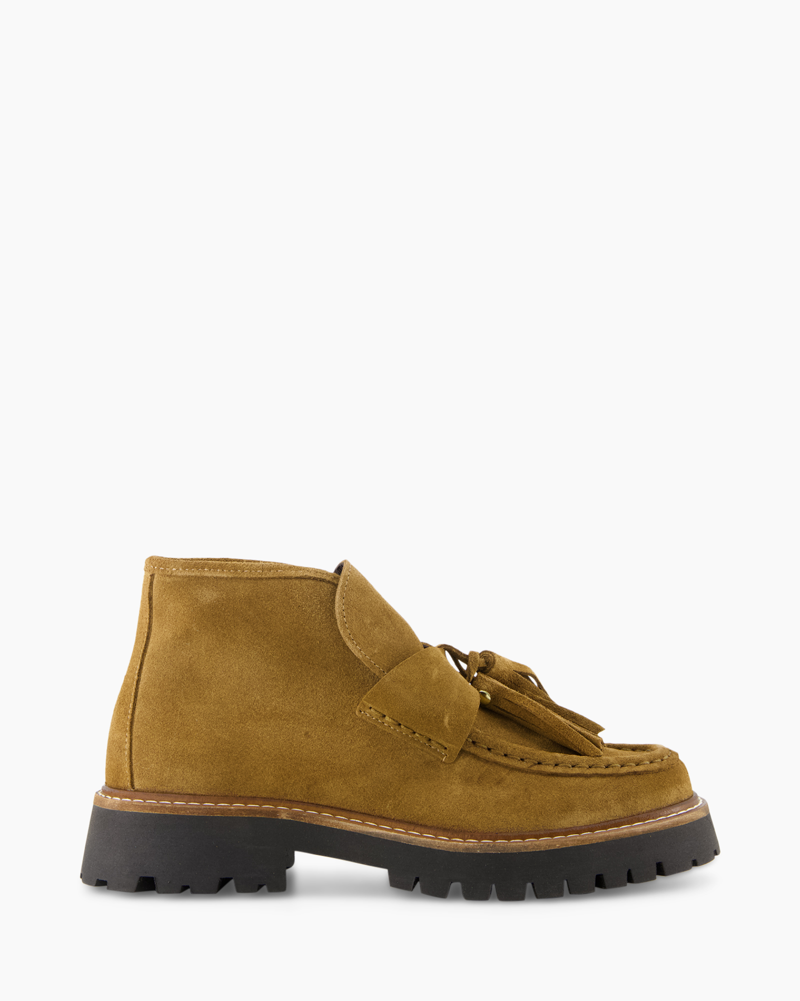 enkellaars, mocassinolaars, suede, tassel, dikke zool