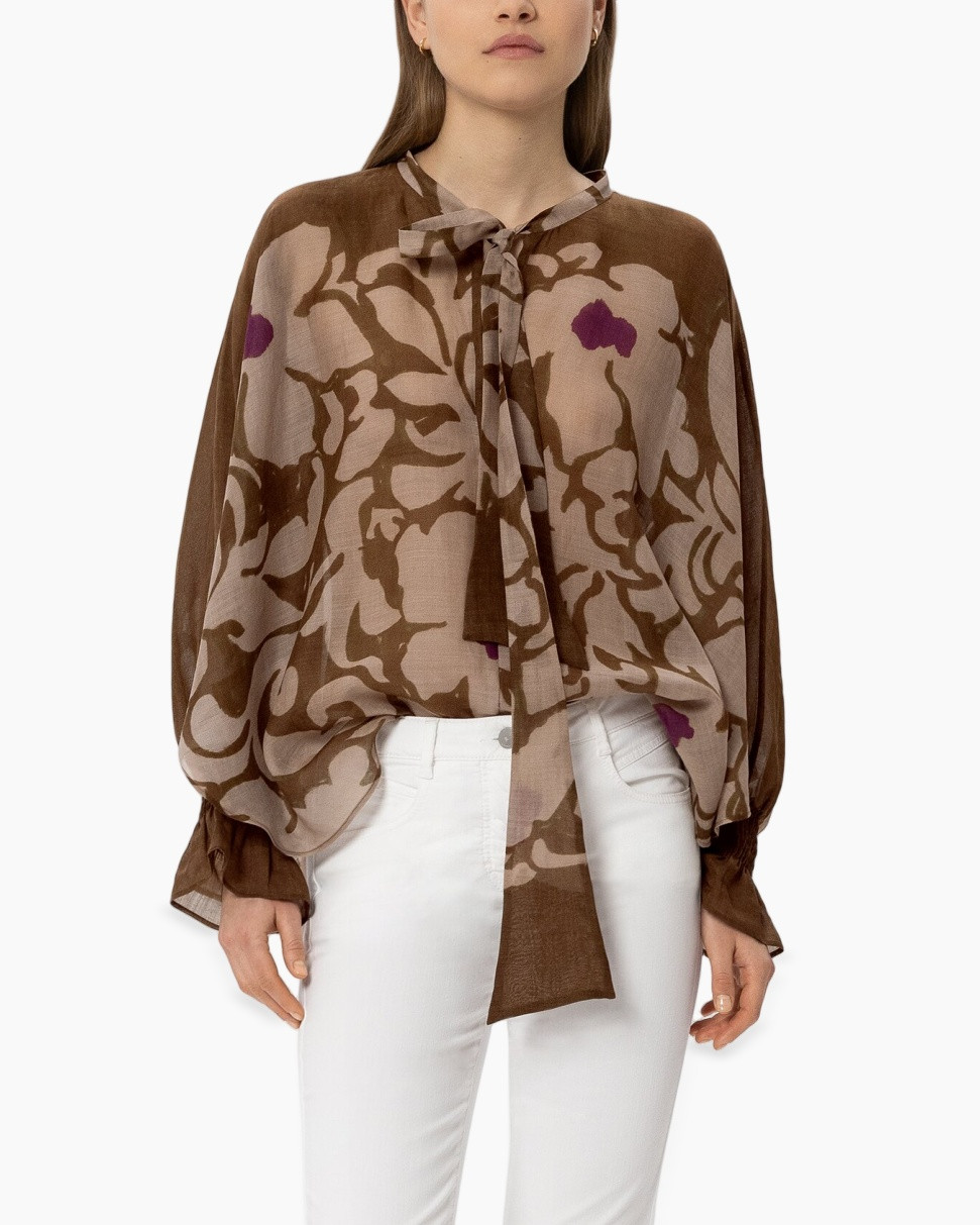 blouse, halsstrik, abstract patroon, bruin, doorschijnend