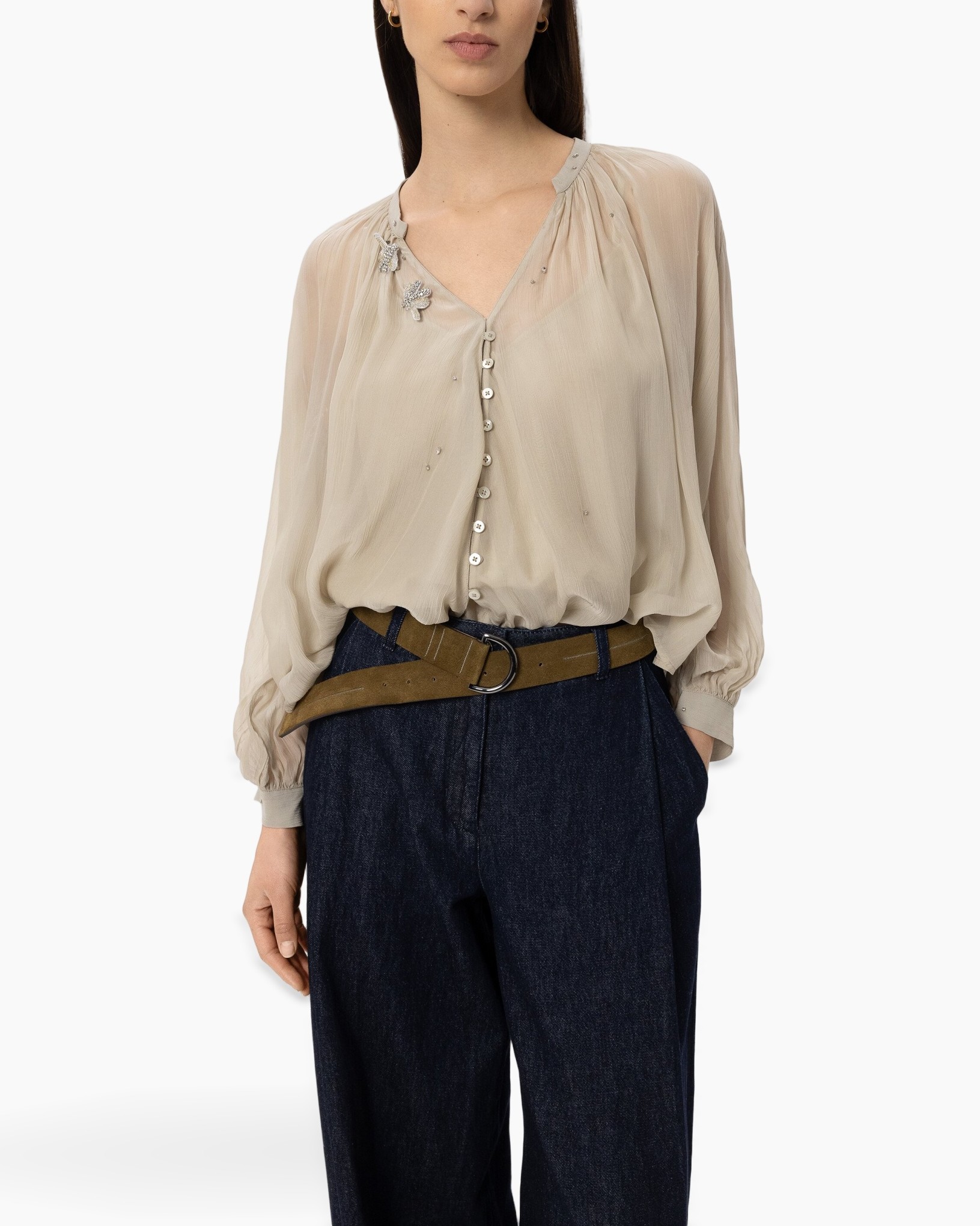 blouse, knopsluiting, beige, lange mouwen, versierd