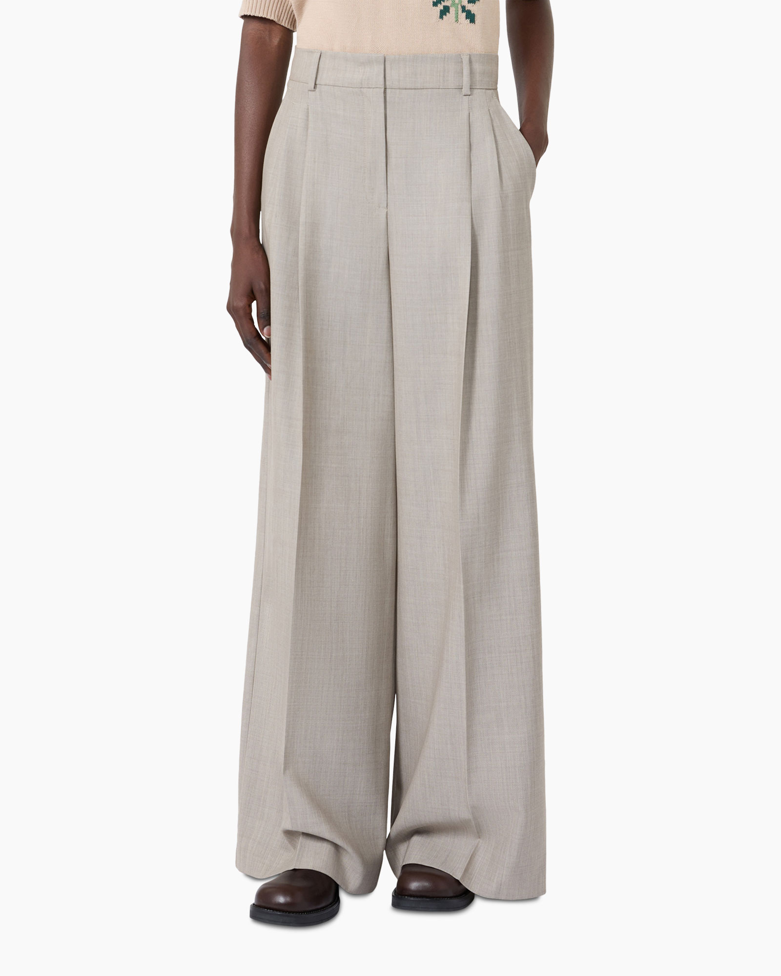 wijdelijnige, broek, beige, plooien, hoog middel