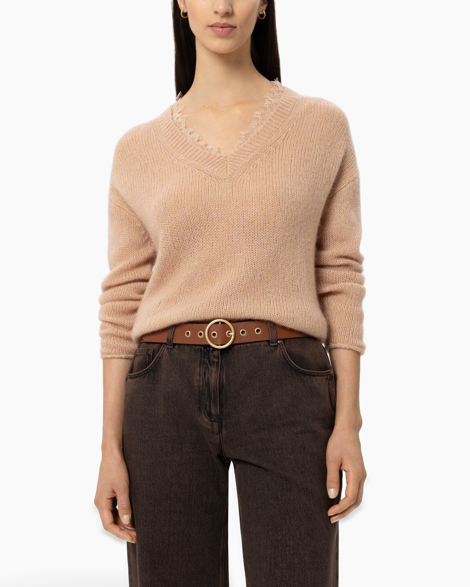 trui, iine-gebreide, v-hals, beige, riem, bruine-broek