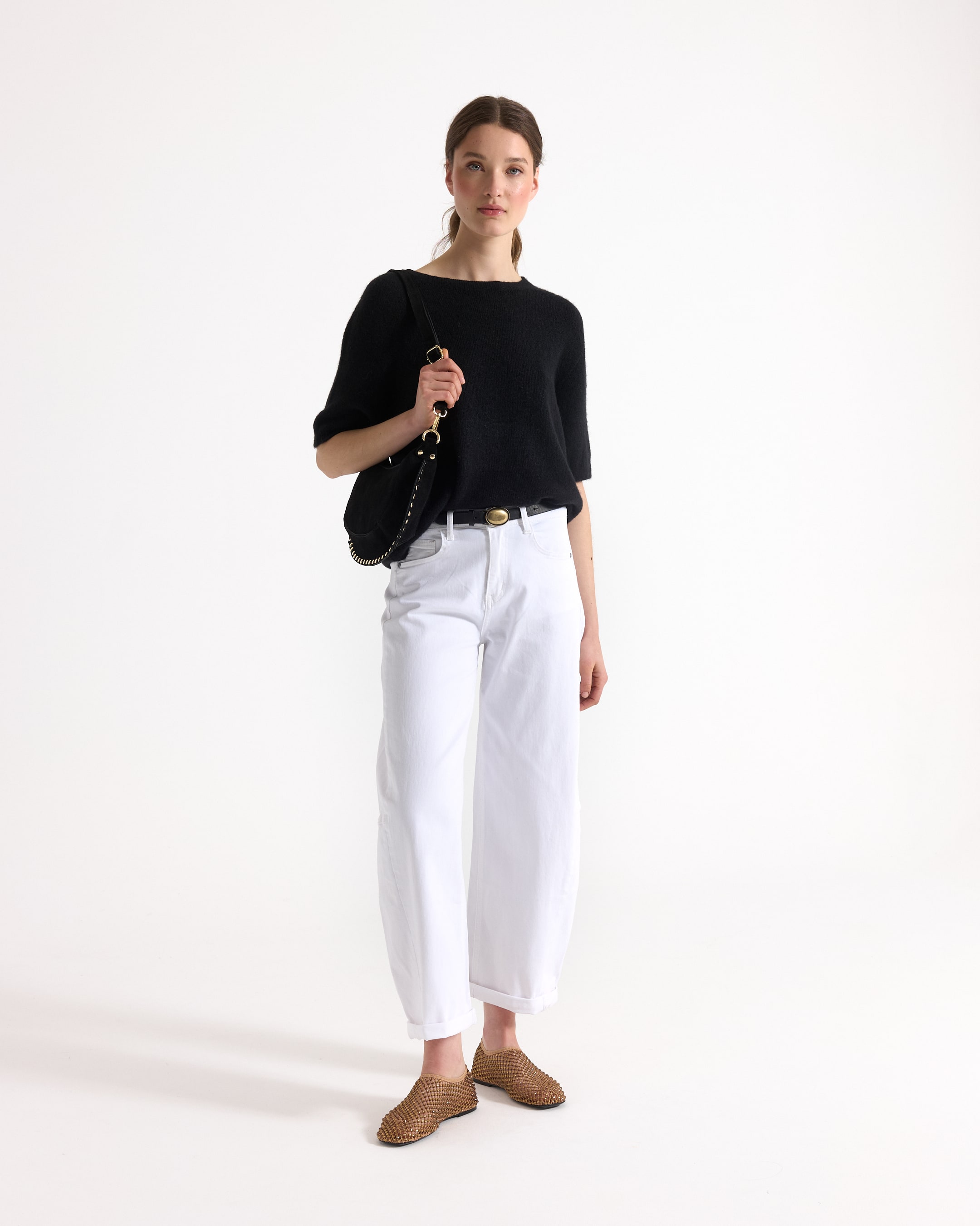 black sweater, white wide-leg pants, black handbag, mules, casual outfit