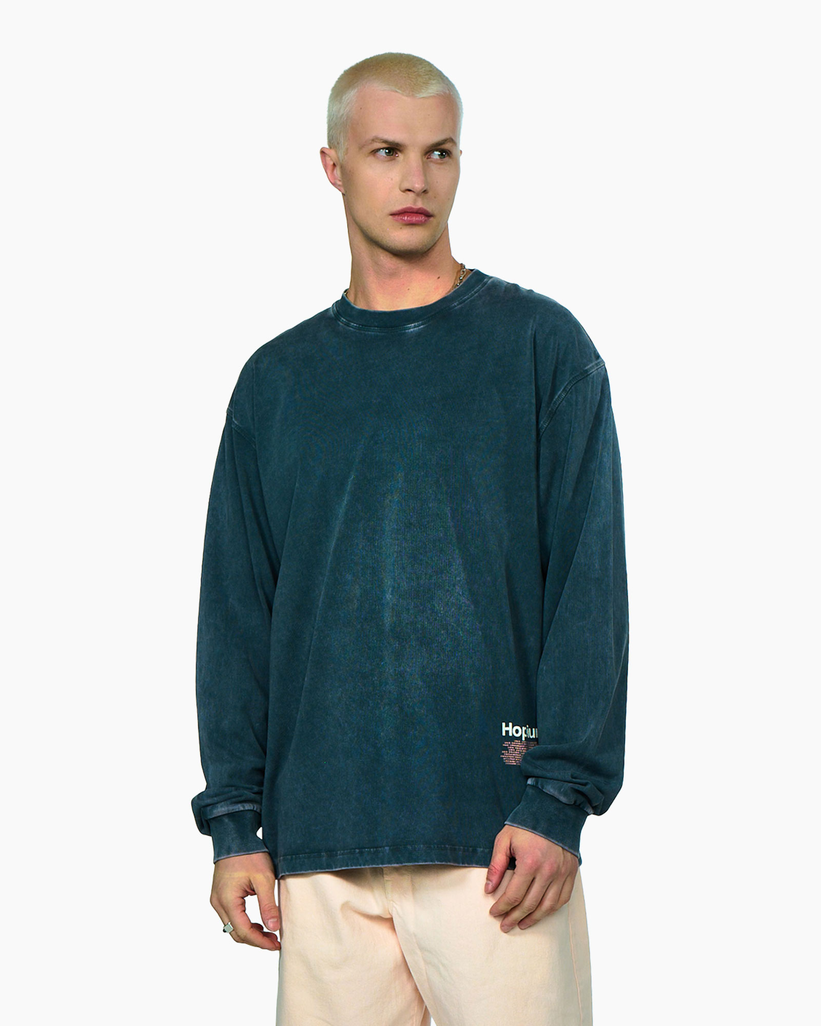 lange mouw, blauw, oversized, kraagloze (crew), gewassen