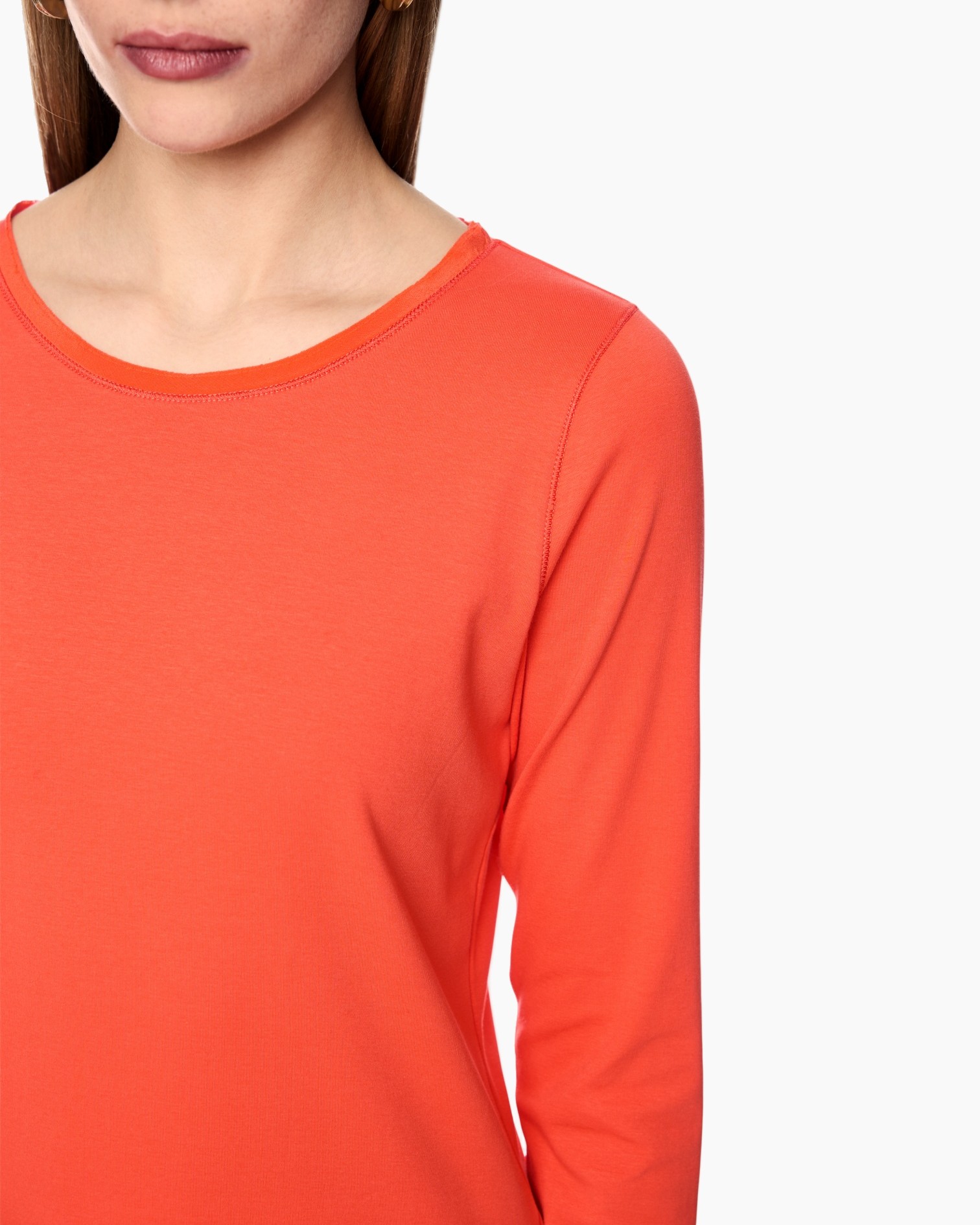 lange mouw, oranje, crew-hals, effen kleur, top