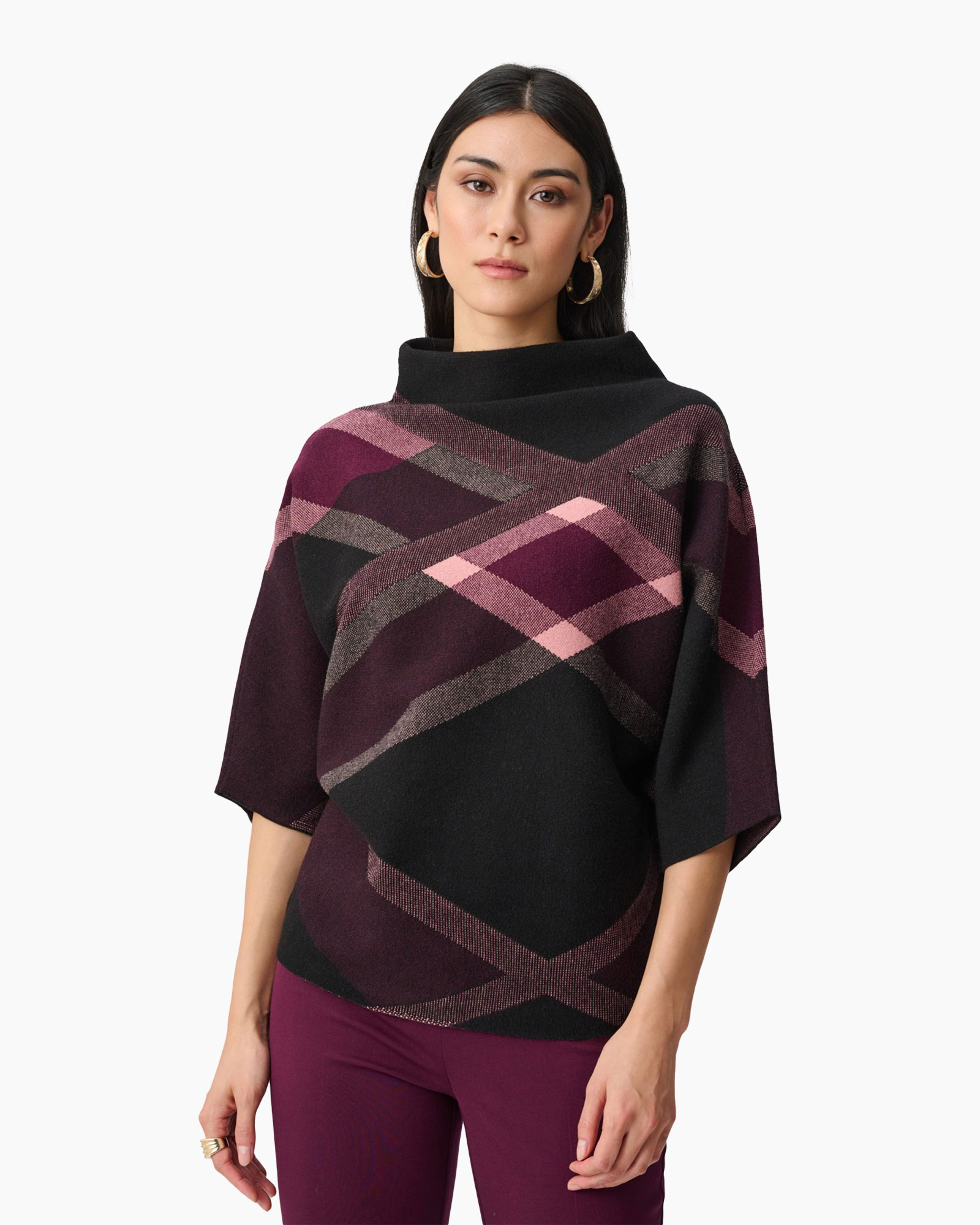 poncho, geometrisch patroon, ruit, paars, korte mouwen