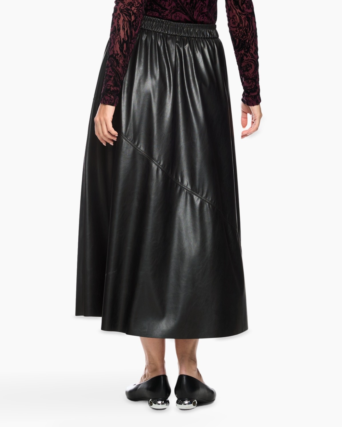 rok, middellang, zwart, leer, elastische- taille