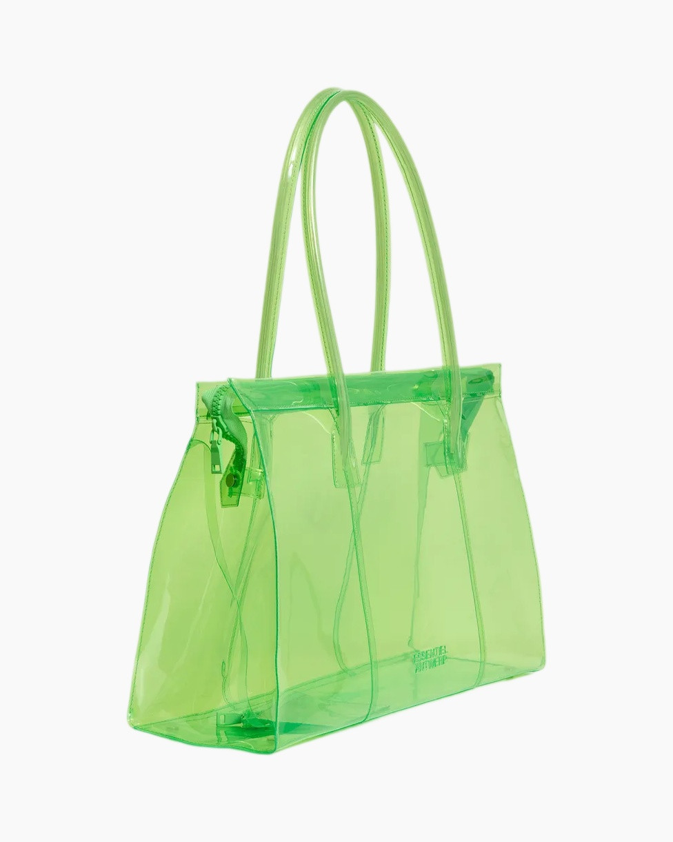 doorzichtige tas, groene tote, plasticose tas, essentiel antwerp logo, brede handvatten