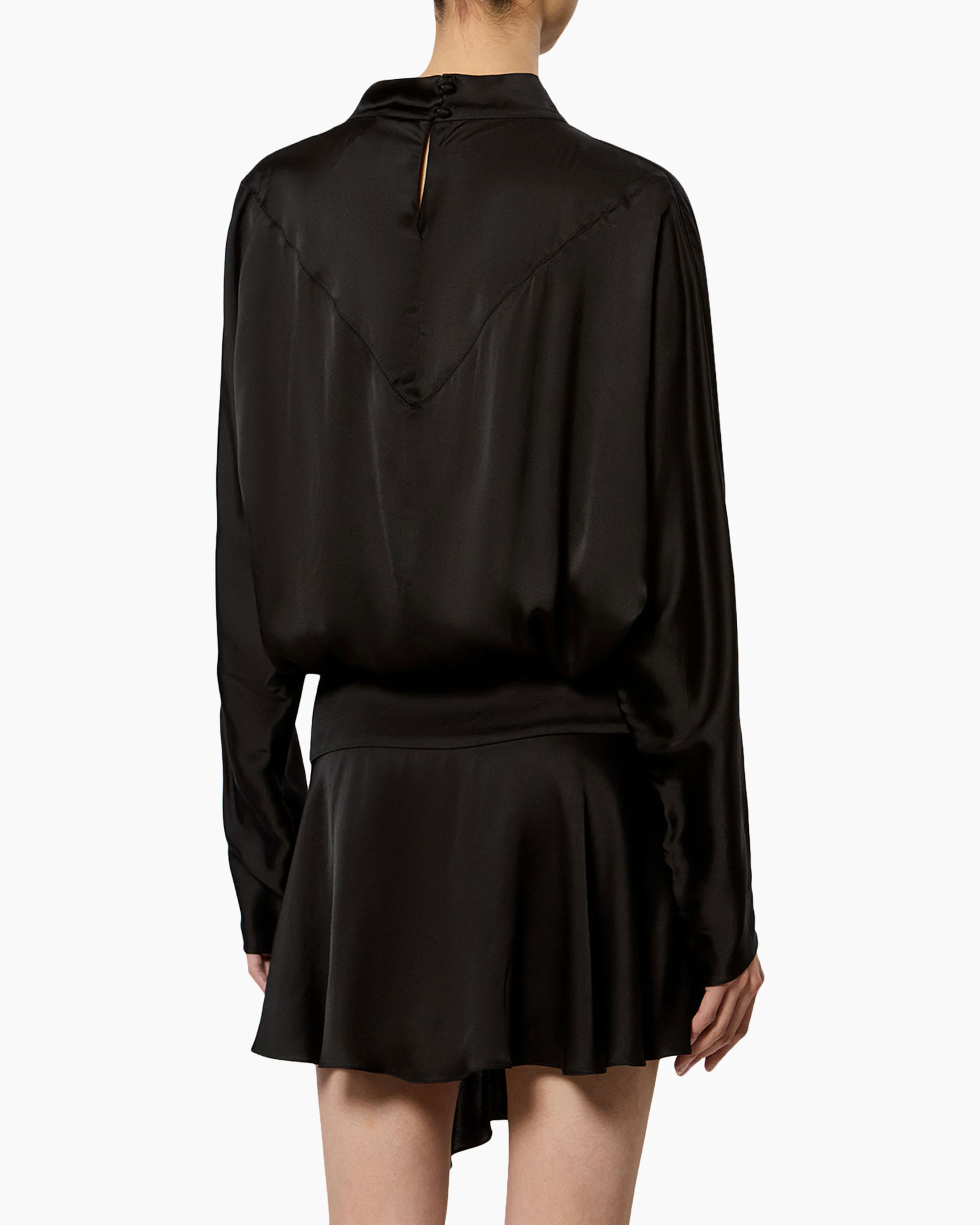 jurk, satijn, zwart, lange mouw, asymmetrische rok