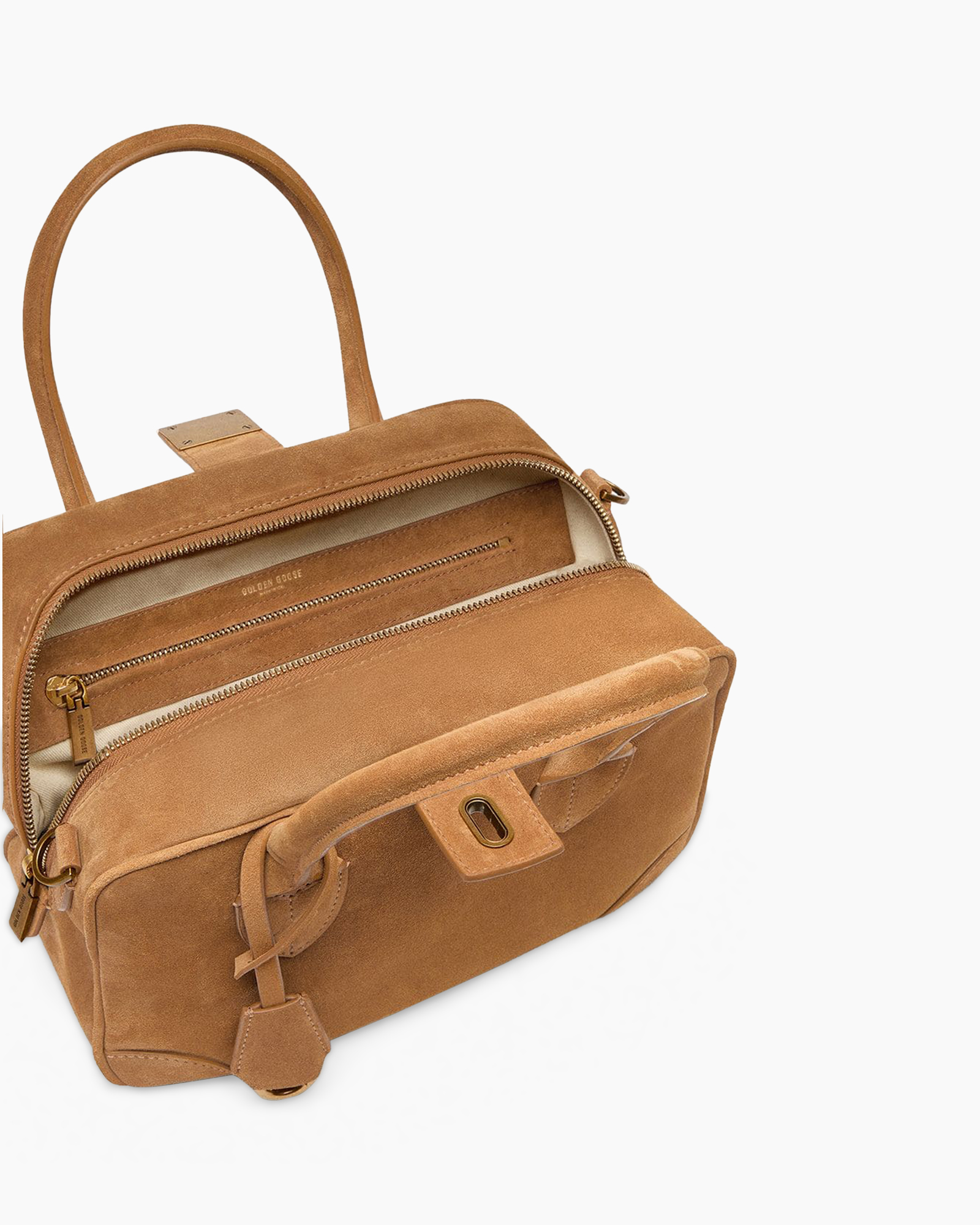 handbag, brown, suede, top-handle, zippered